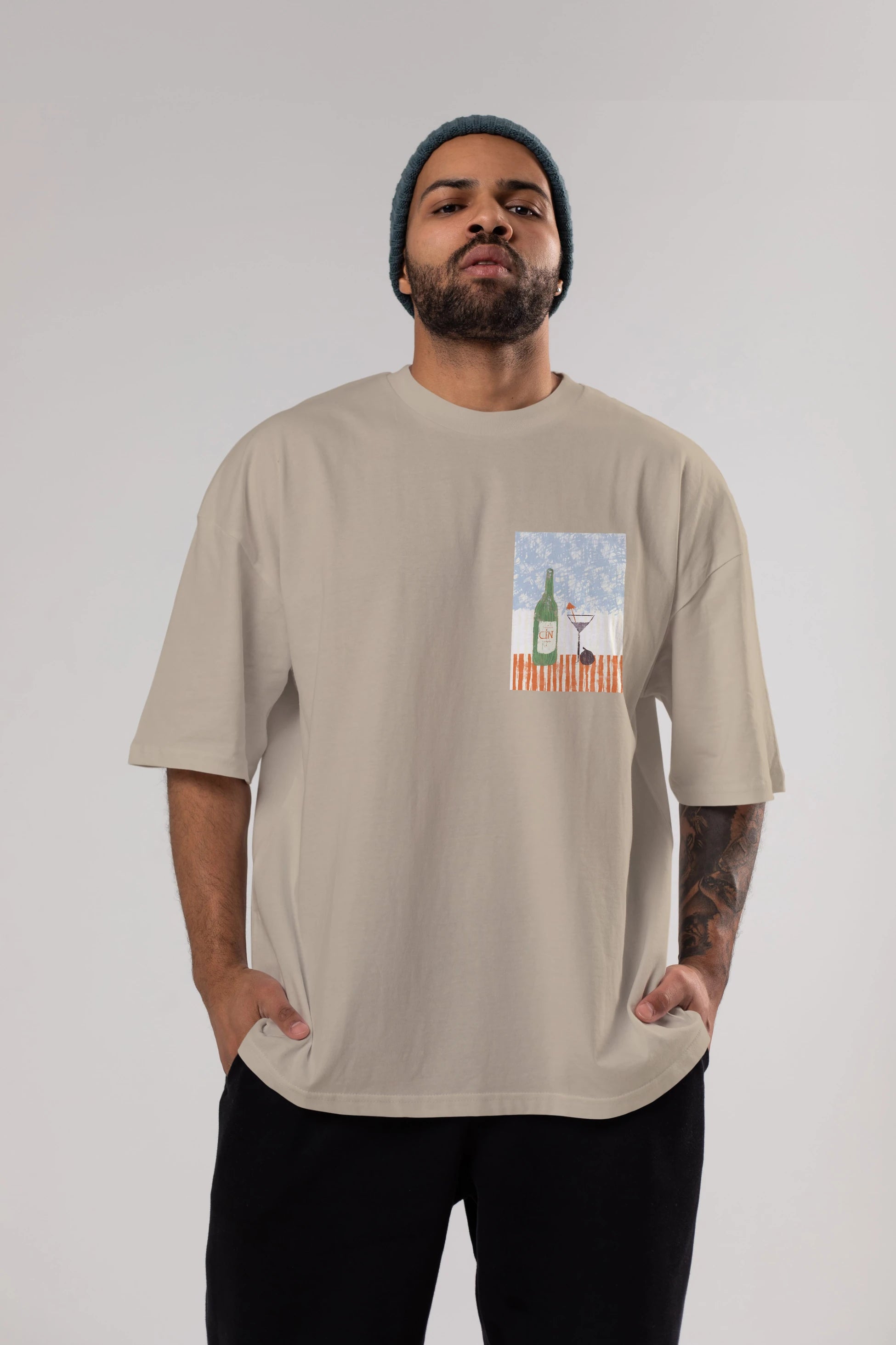 Gin Ön Sol Baskılı Oversize t-shirt Erkek Kadın Unisex %100 Pamuk Bisiklet Yaka tişort