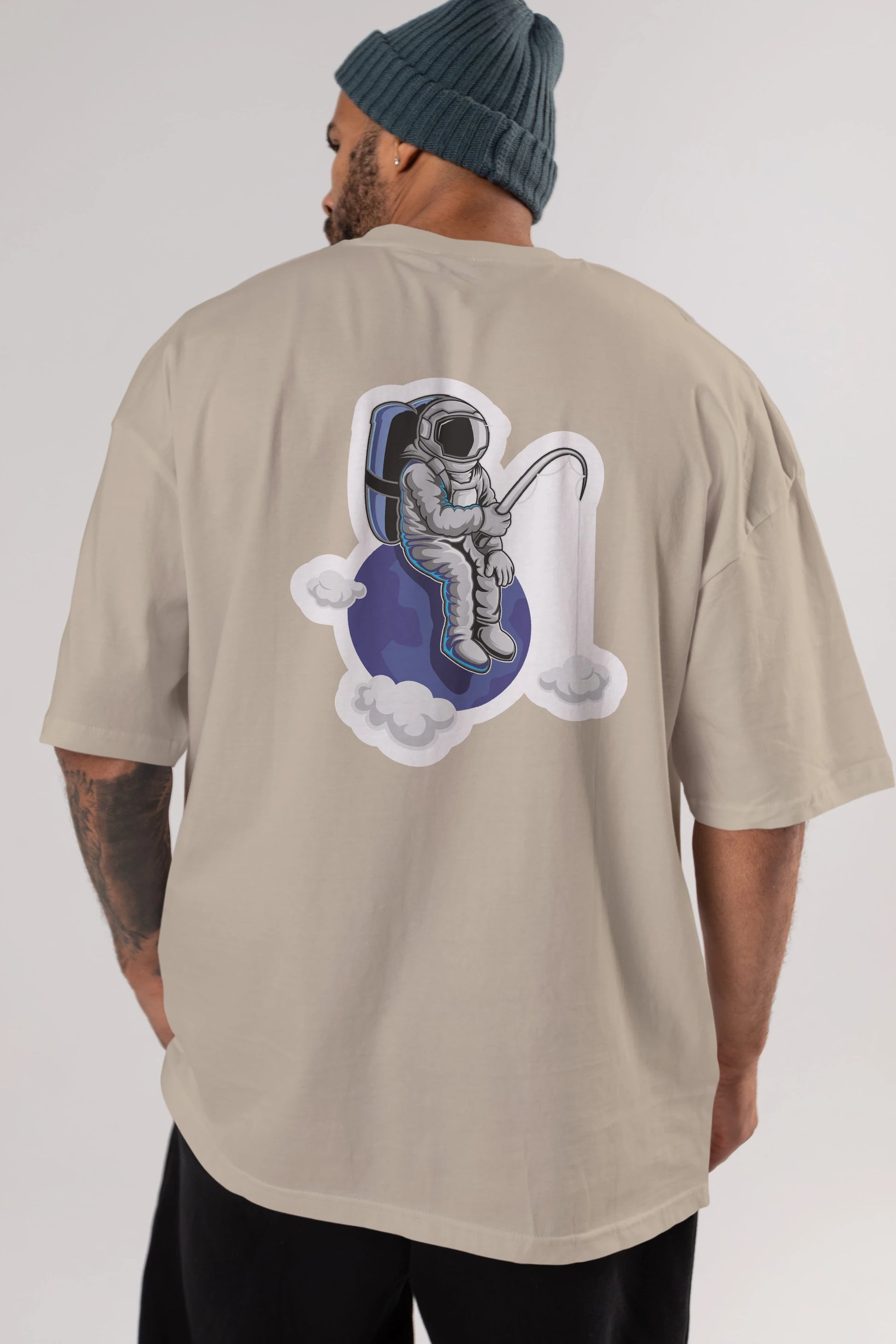 Astronaut Fishing Sticker Arka Baskılı Oversize t-shirt Erkek Kadın Unisex