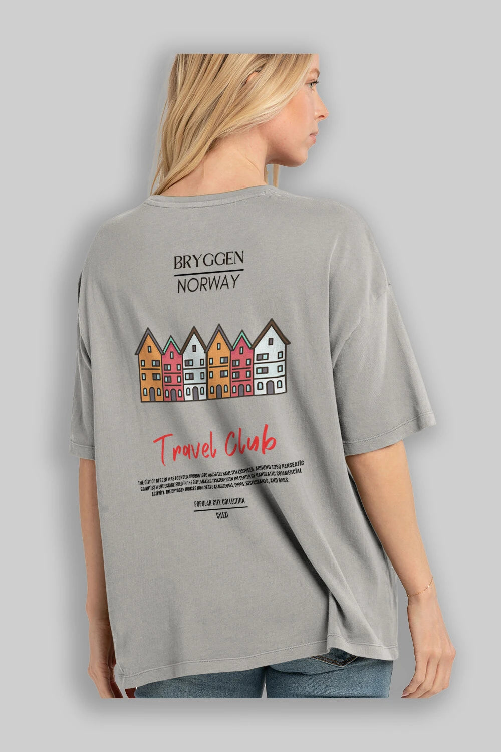 Bryggen Norway Arka Baskılı Oversize t-shirt Erkek Kadın Pamuk Bisiklet Yaka tişort