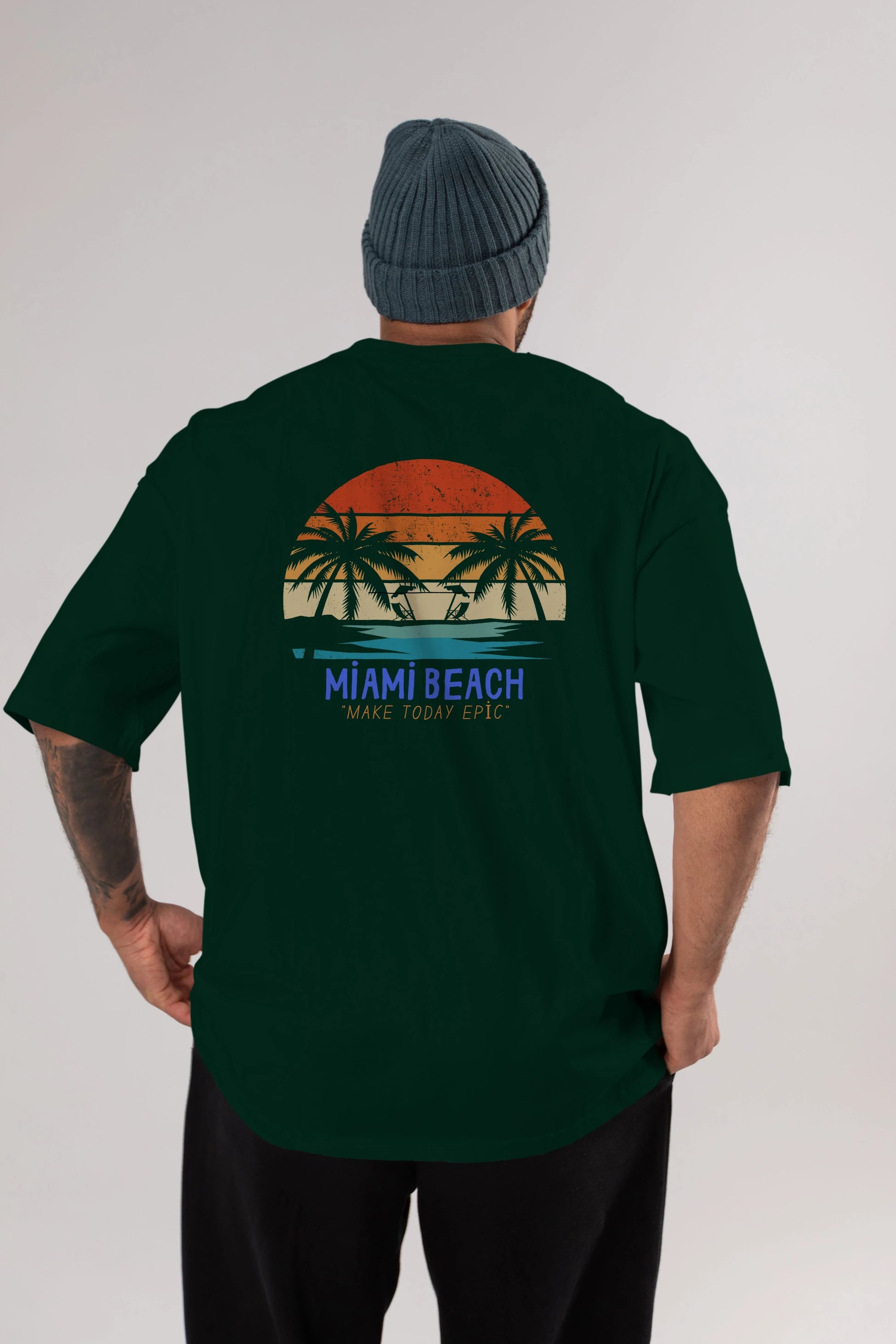 Miami Beach Yazılı Arka Baskılı Oversize t-shirt Erkek Kadın Unisex