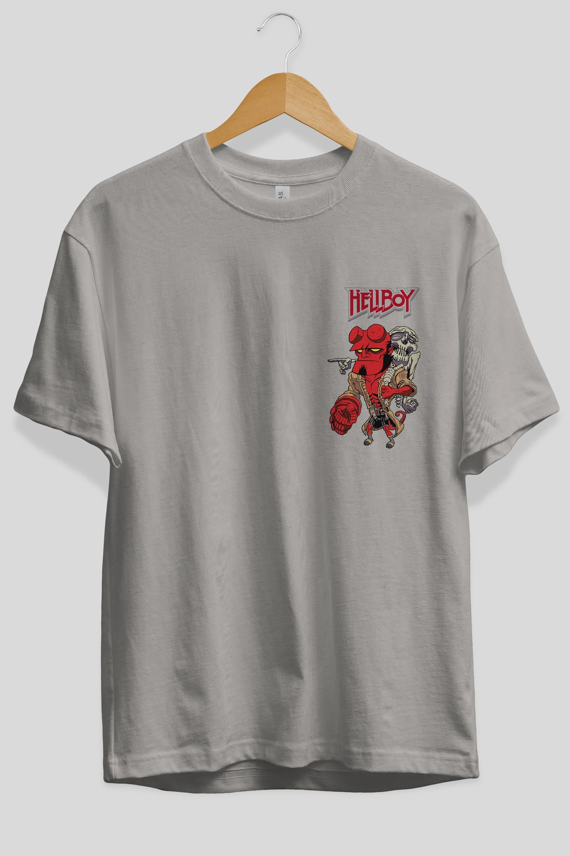 Hellboy (2) Ön Sol Baskılı Oversize t-shirt Erkek Kadın Unisex %100 Pamuk Bisiklet Yaka tişort