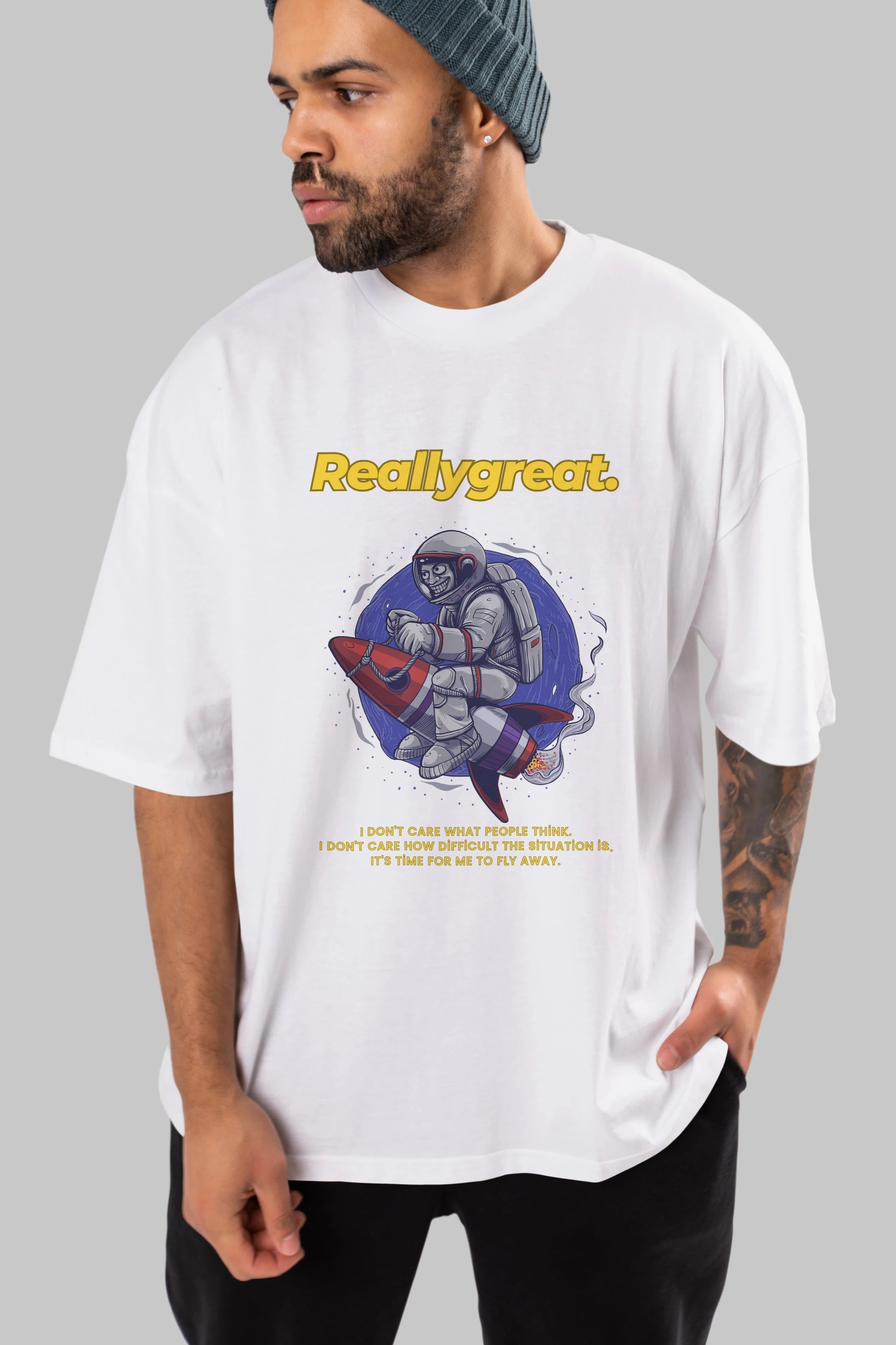 Reallygreat Astronaut Ön Baskılı Oversize t-shirt Erkek Kadın Unisex