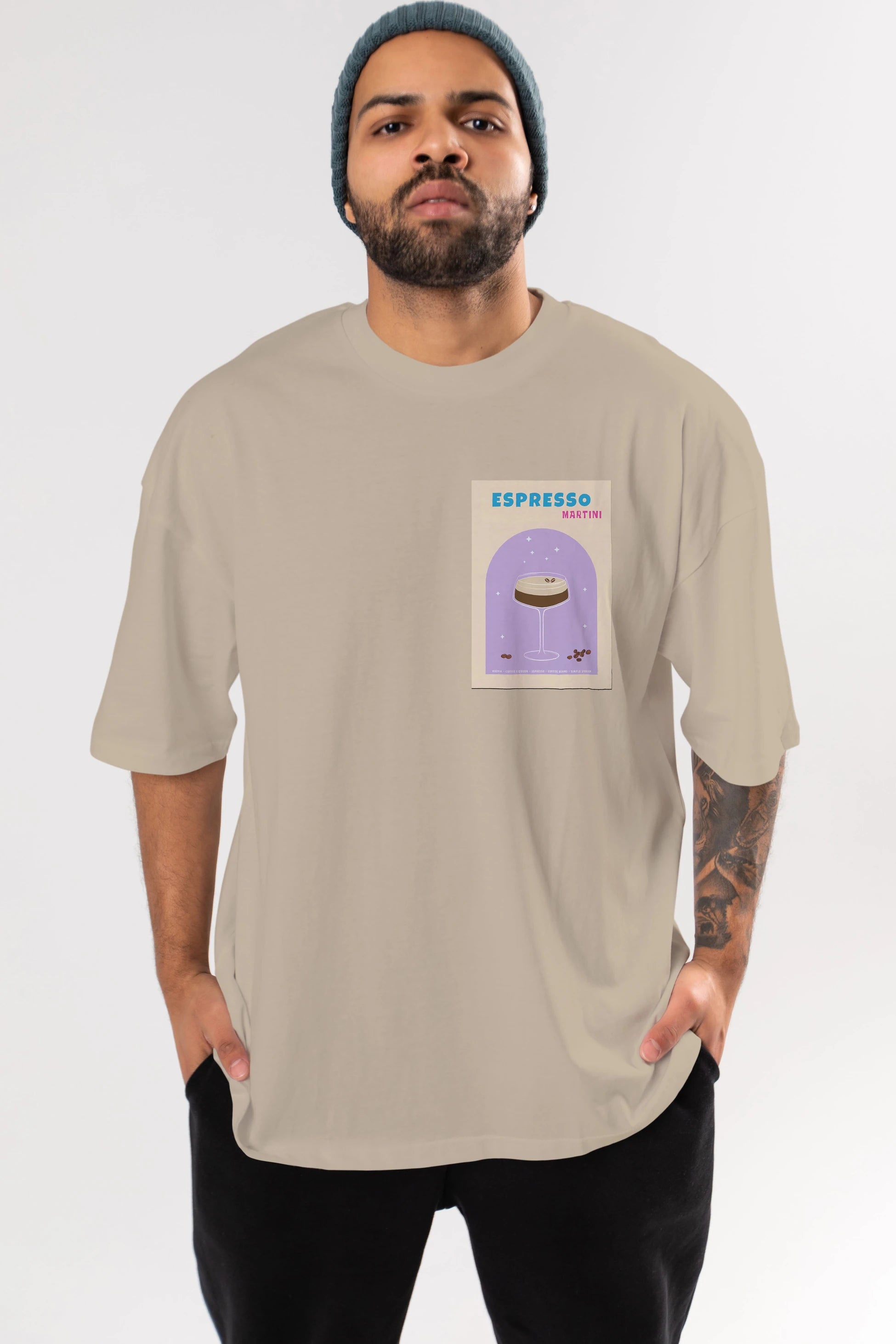 Espresso Martini 5 Ön Sol Baskılı Oversize t-shirt Erkek Kadın Unisex %100 Pamuk Bisiklet Yaka tişort