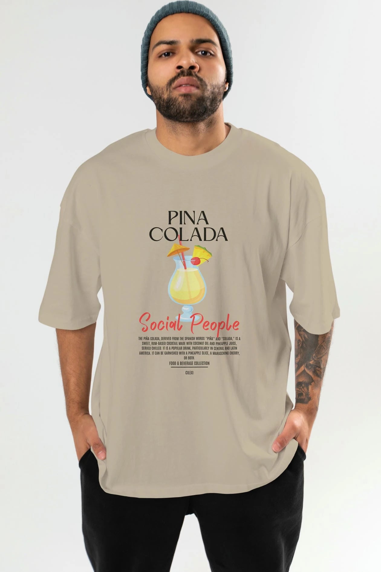 Pına Colada Kokteyl Serisi ön Baskılı Oversize t-shirt Erkek Kadın %100 Pamuk Bisiklet Yaka tişort