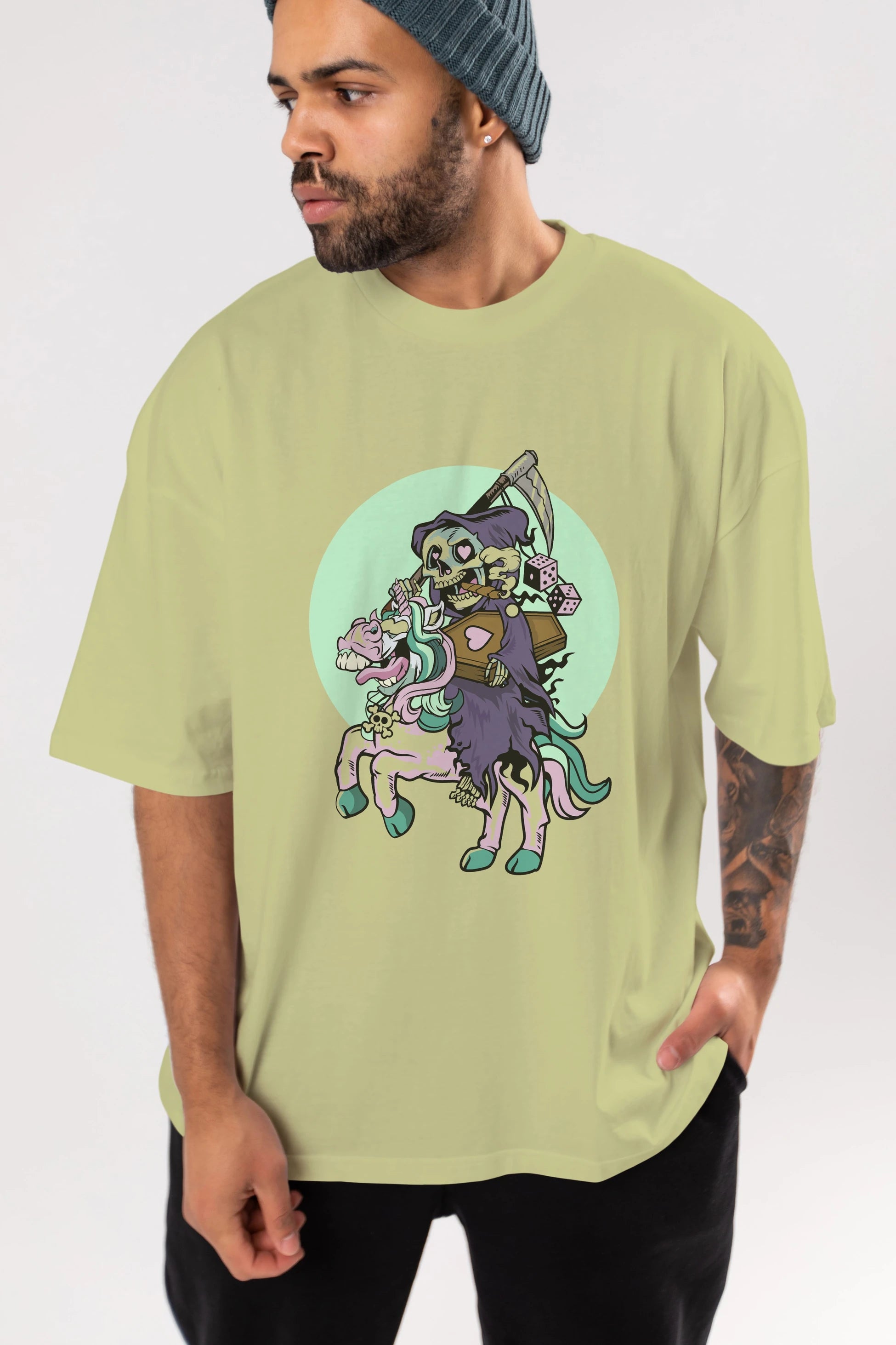 Grim Reaper Riding Unicorn Ön Baskılı Oversize t-shirt Erkek Kadın Unisex %100 Pamuk tişort
