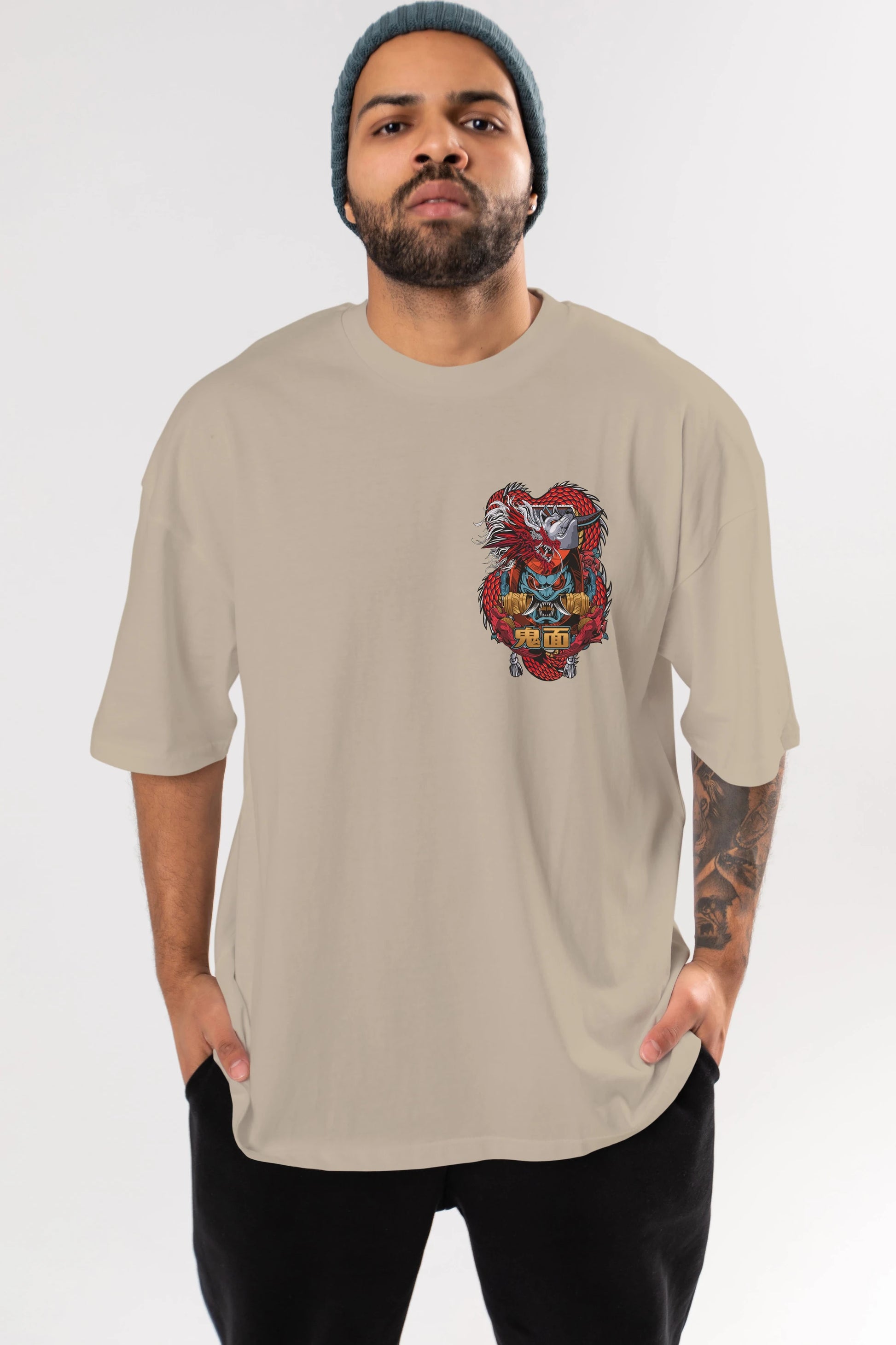 TRIBAL Ön Sol Baskılı Oversize t-shirt Erkek Kadın Unisex %100 Pamuk Bisiklet Yaka tişort