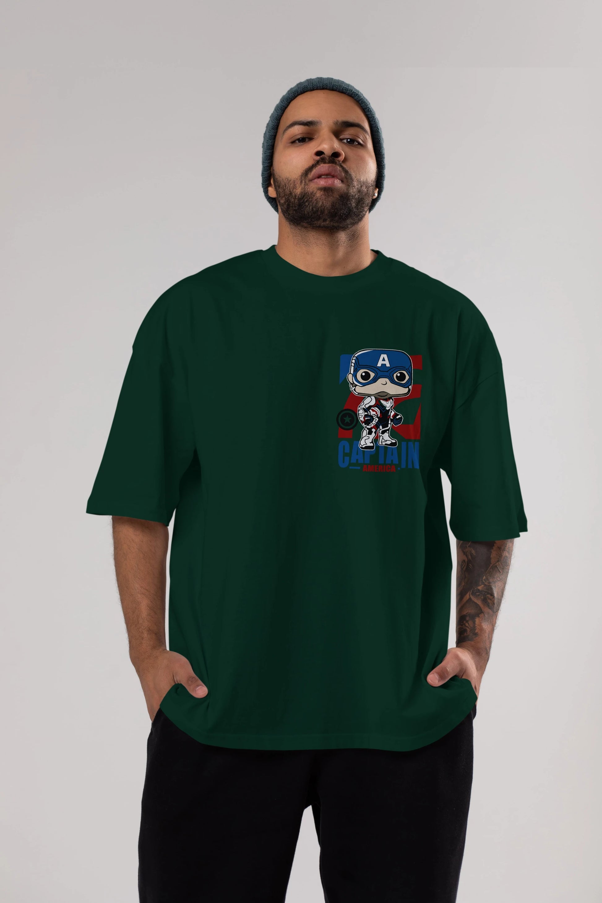 Captain America Ön Sol Baskılı Oversize t-shirt Erkek Kadın Unisex %100 Pamuk Bisiklet Yaka tişort