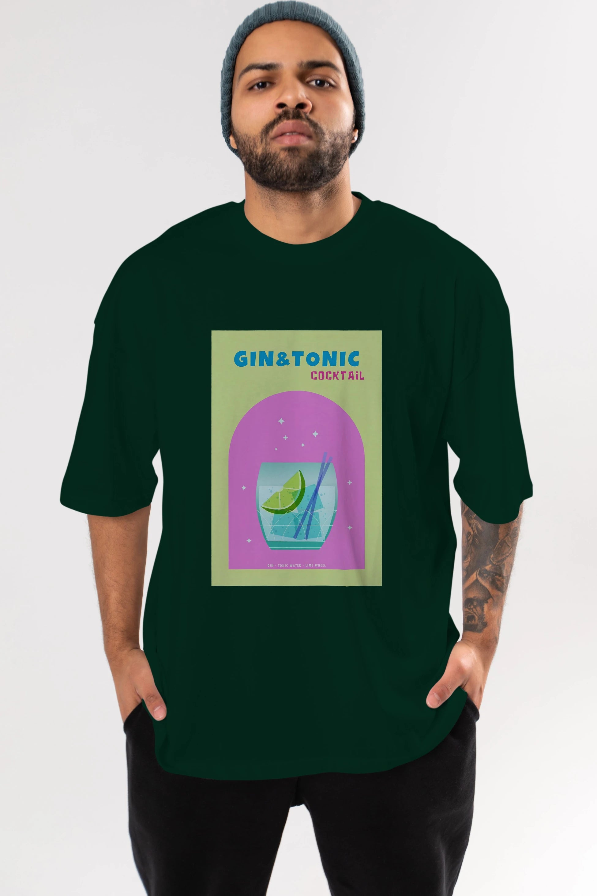 Gin Tonic Cocktail Ön Baskılı Oversize t-shirt Erkek Kadın Unisex %100 Pamuk Bisiklet Yaka tişort