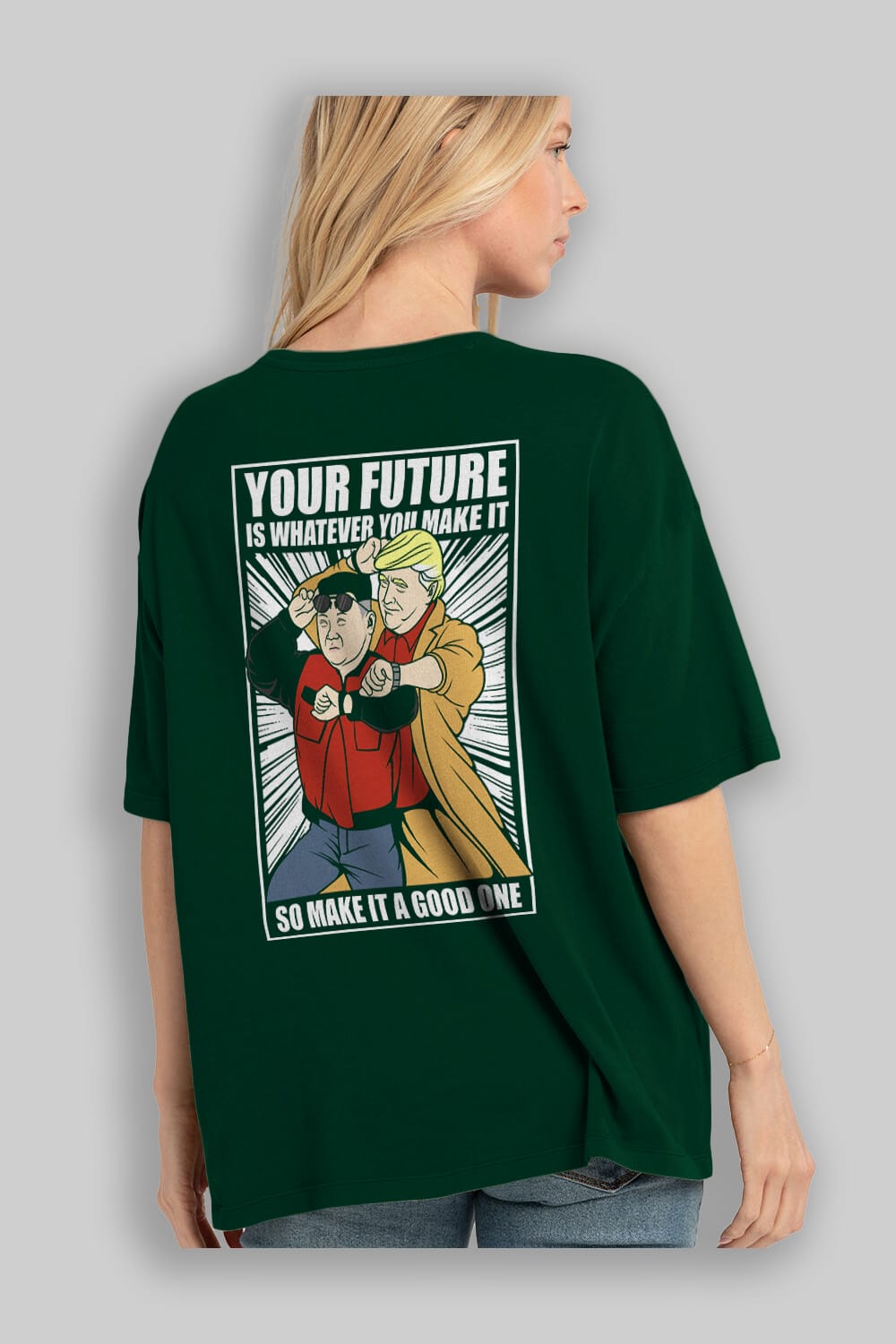 Back To The Future Jong Un Trump Arka Baskılı Oversize t-shirt Erkek Kadın Unisex %100 Pamuk tişort