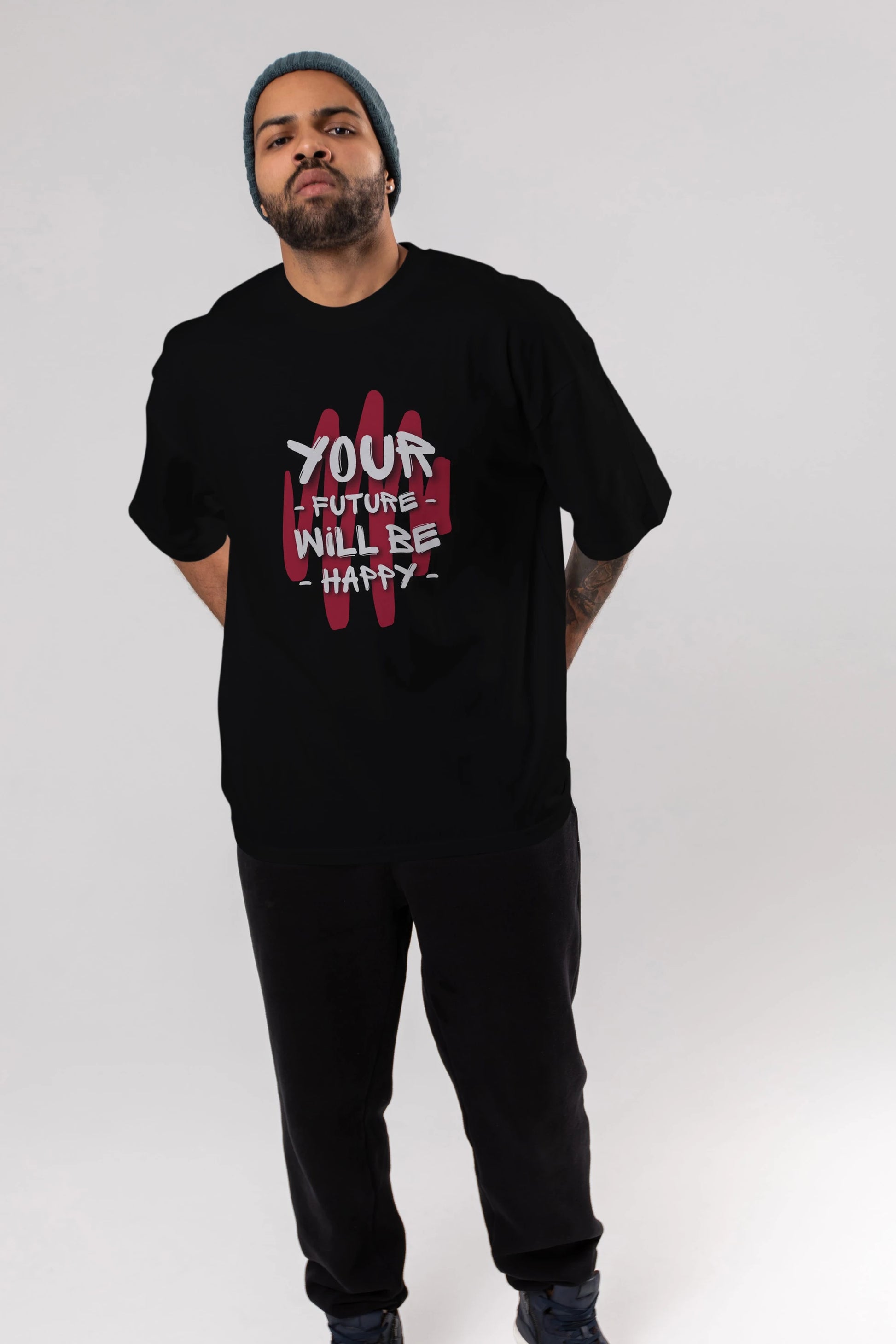 Your Future Will be Happy Yazılı Ön Baskılı Oversize t-shirt Erkek Kadın Unisex