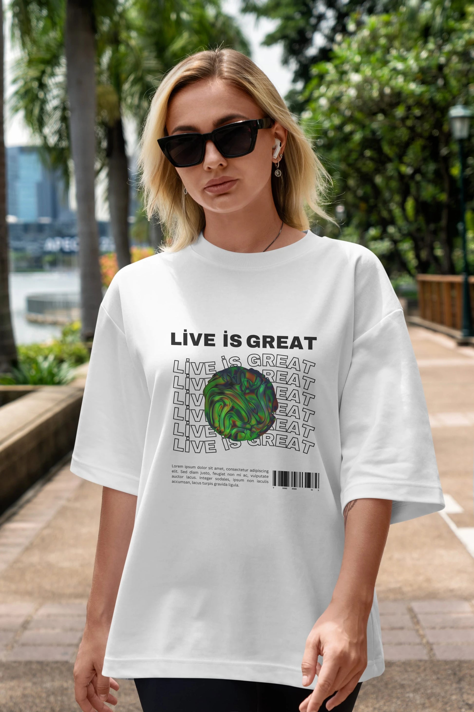 Live is Great Yazılı Ön Baskılı Oversize t-shirt Erkek Kadın Unisex