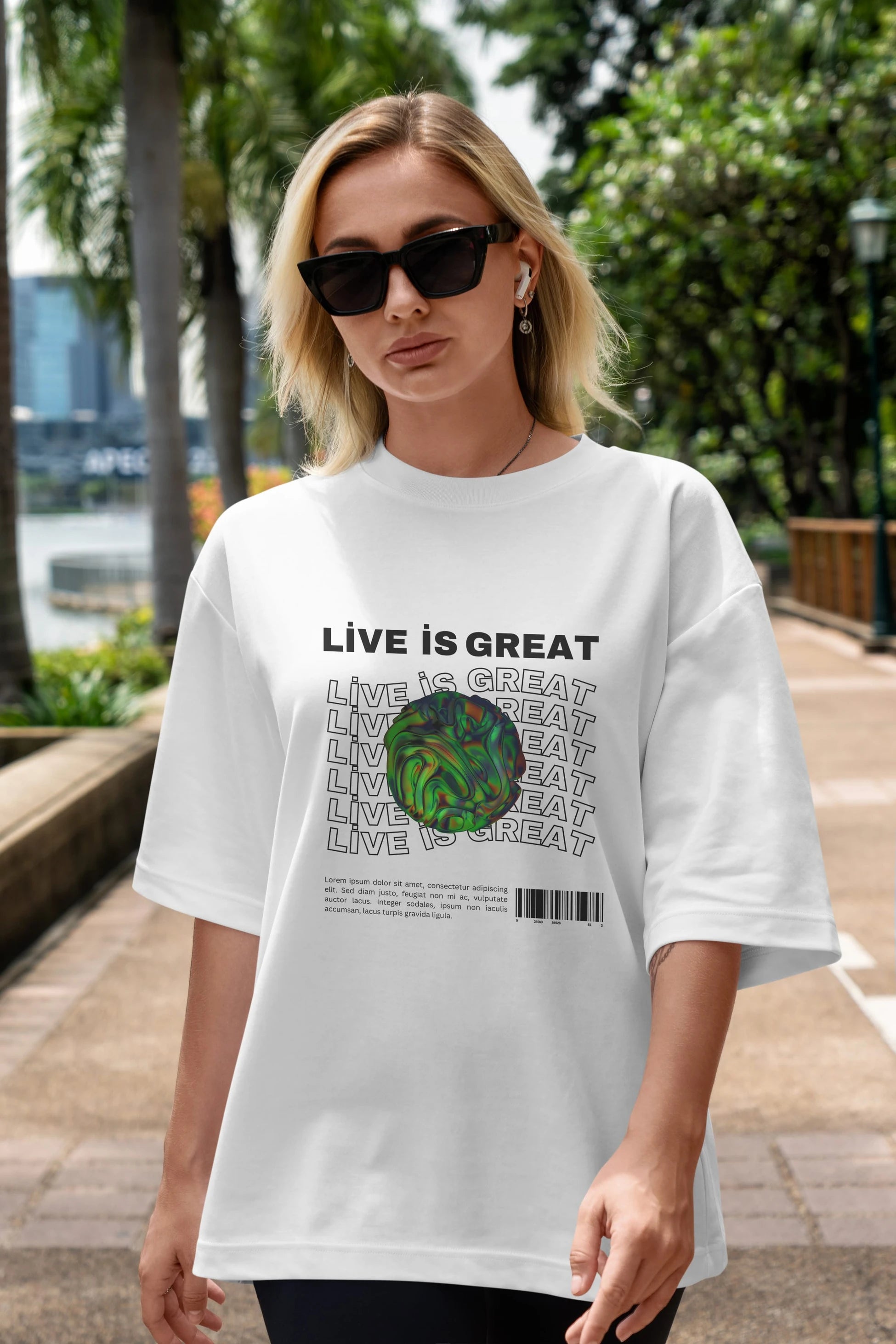 Live is Great Yazılı Ön Baskılı Oversize t-shirt Erkek Kadın Unisex