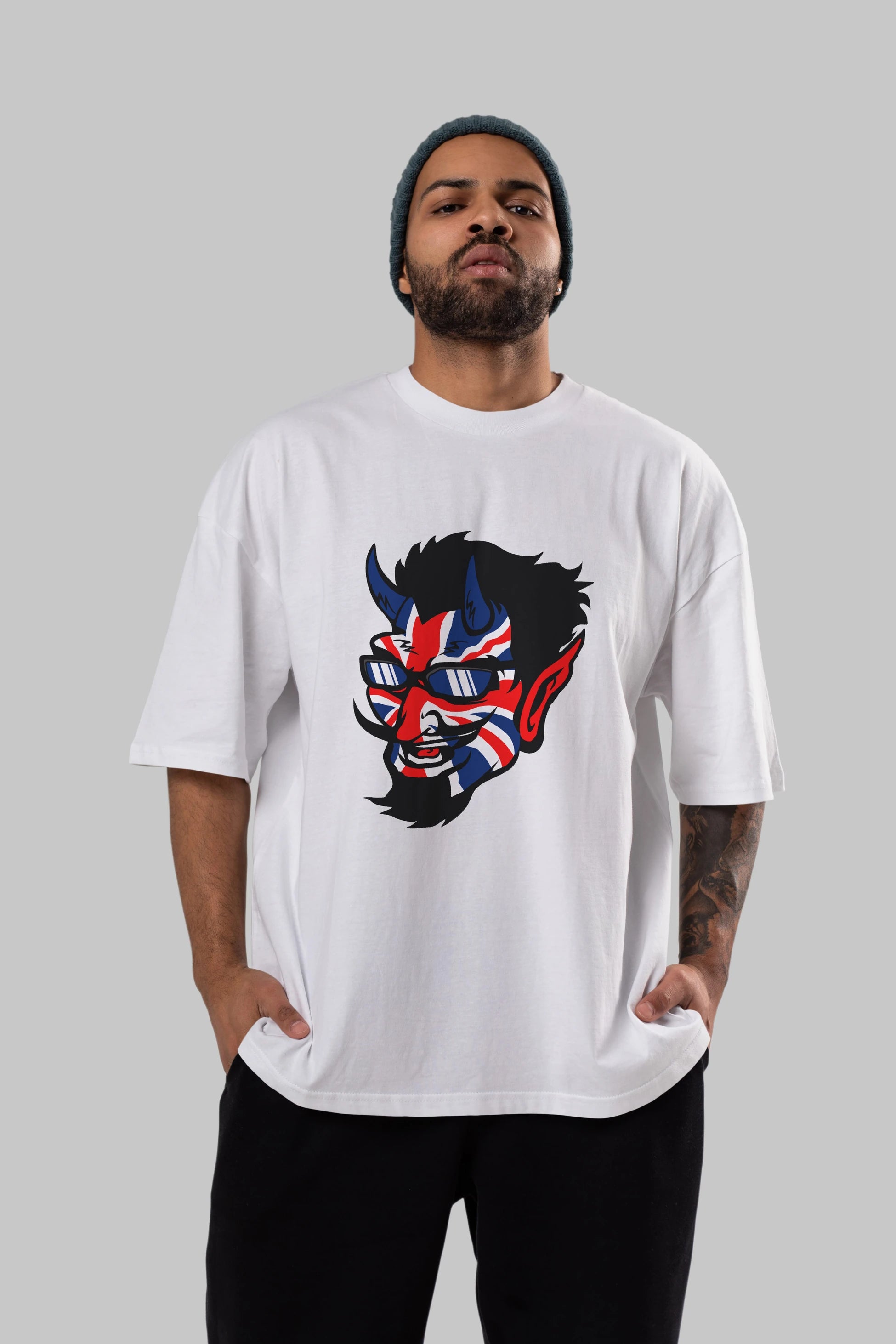 UK Devil Ön Baskılı Oversize t-shirt Erkek Kadın Unisex %100 Pamuk tişort