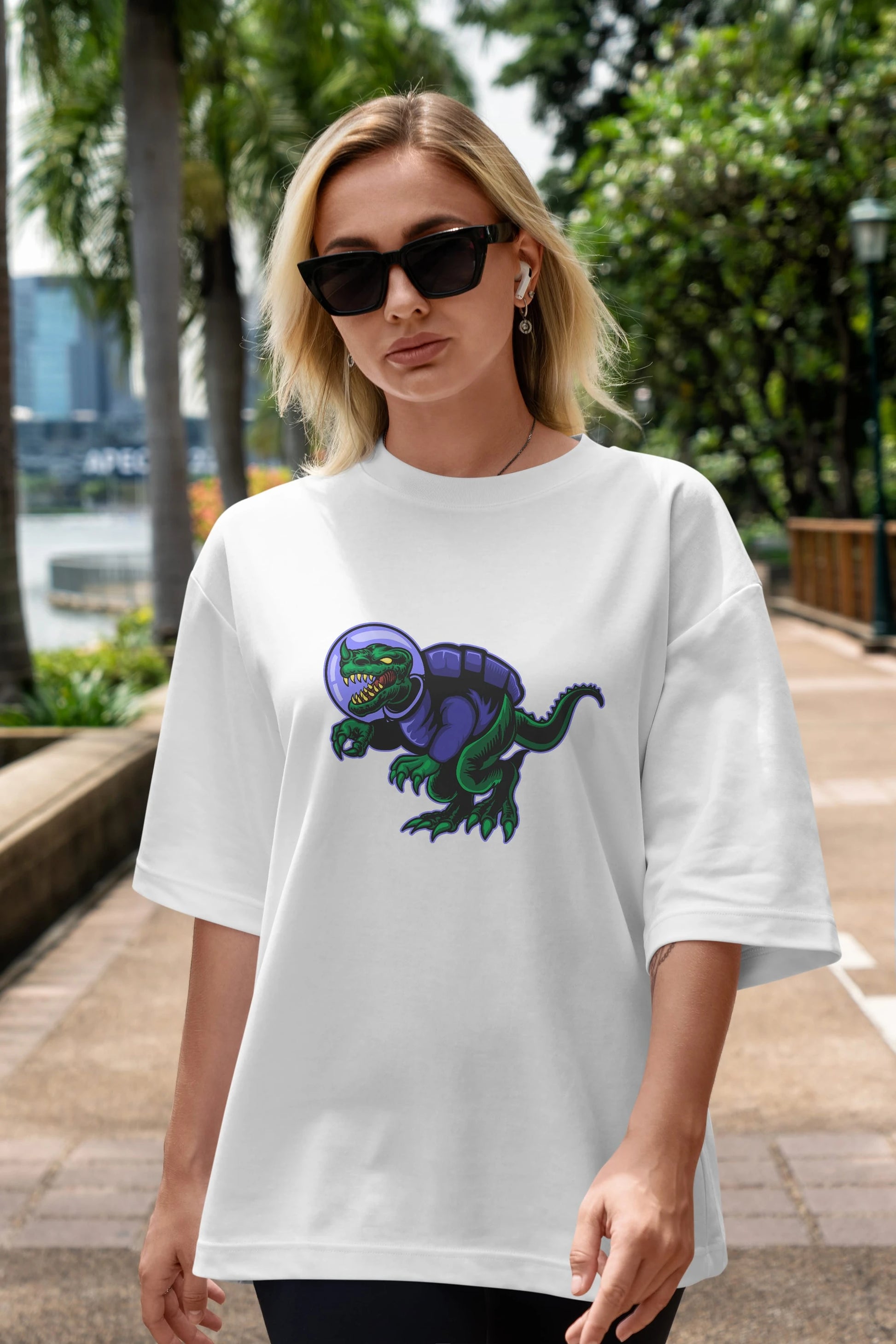 Space Dino Ön Baskılı Oversize t-shirt Erkek Kadın Unisex