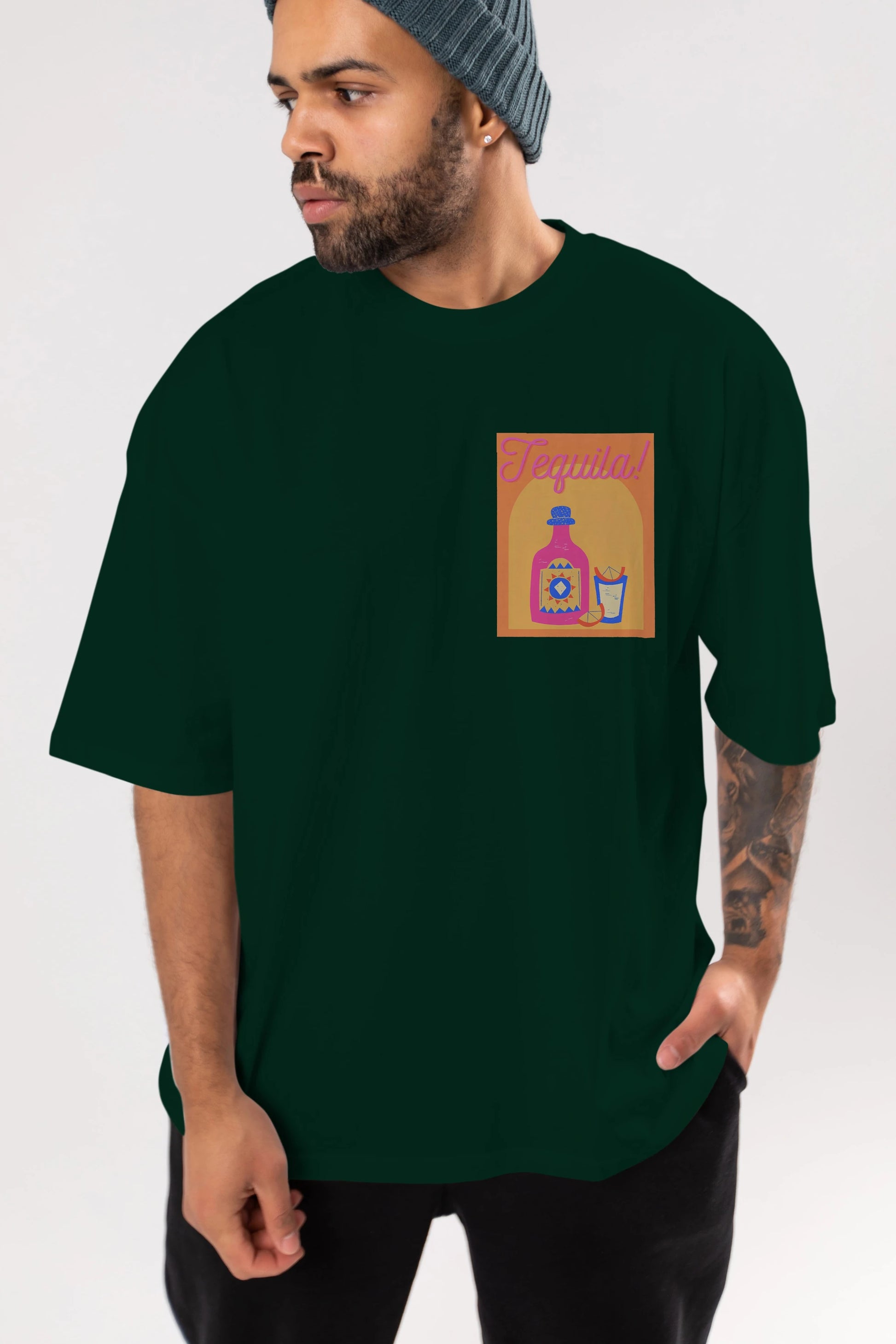 Tequila Ön Sol Baskılı Oversize t-shirt Erkek Kadın Unisex %100 Pamuk Bisiklet Yaka tişort
