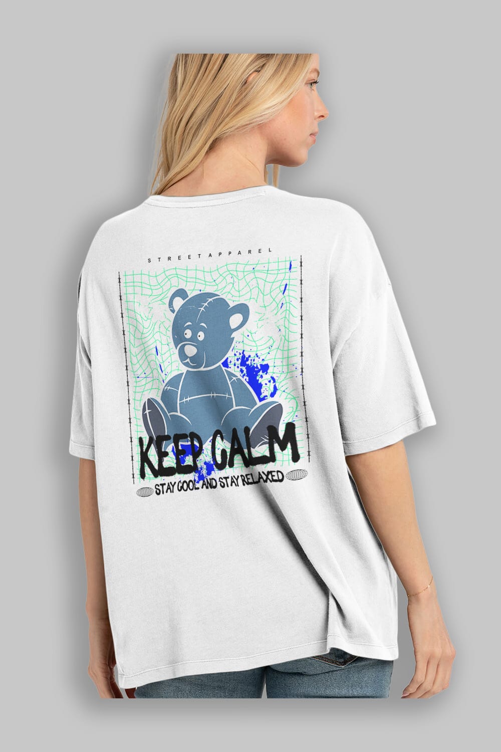 Keep Calm Bear Arka Baskılı Oversize t-shirt Erkek Kadın Unisex