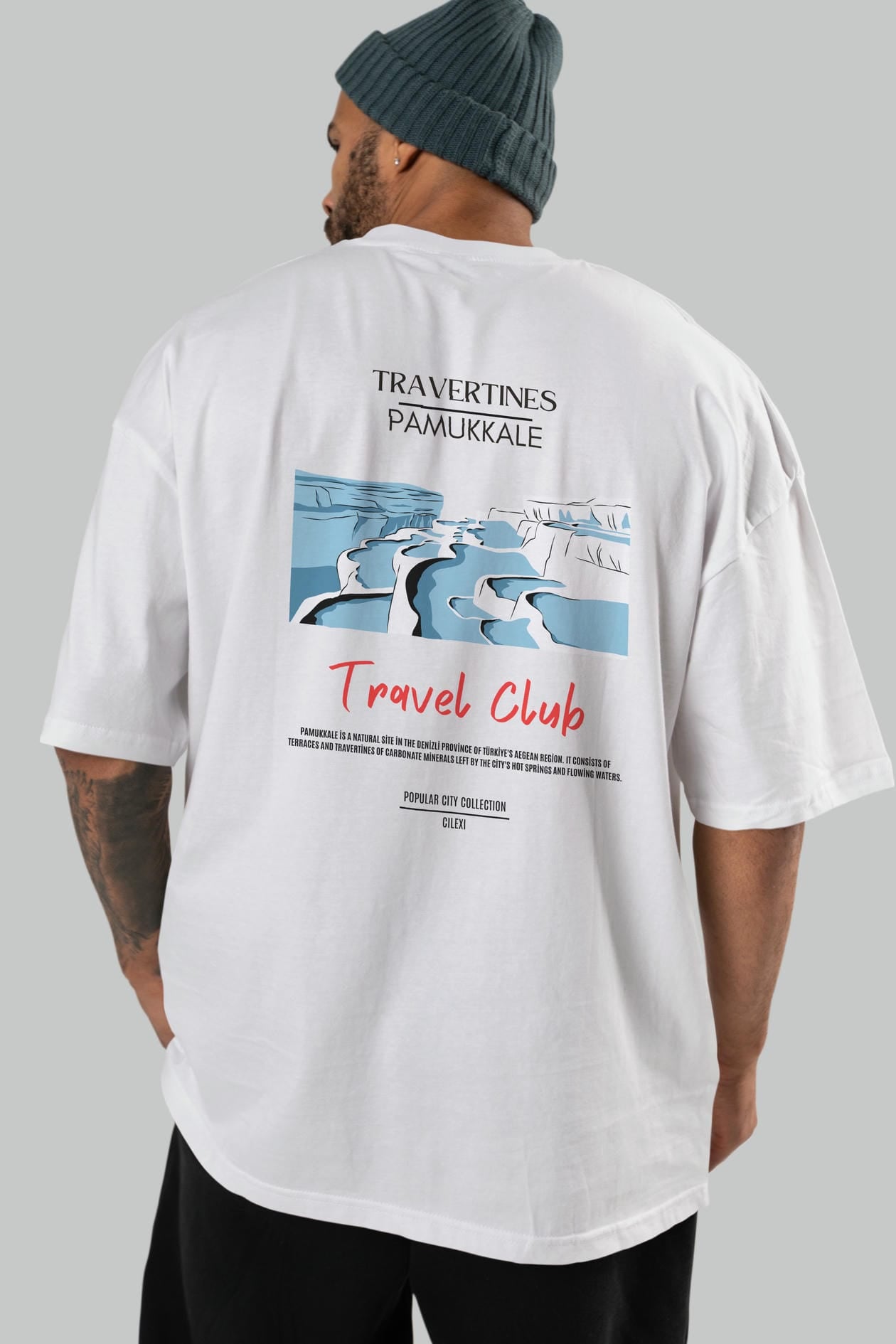 Travertines Pamukkale Arka Baskılı Oversize t-shirt Erkek Kadın Pamuk Bisiklet Yaka tişort