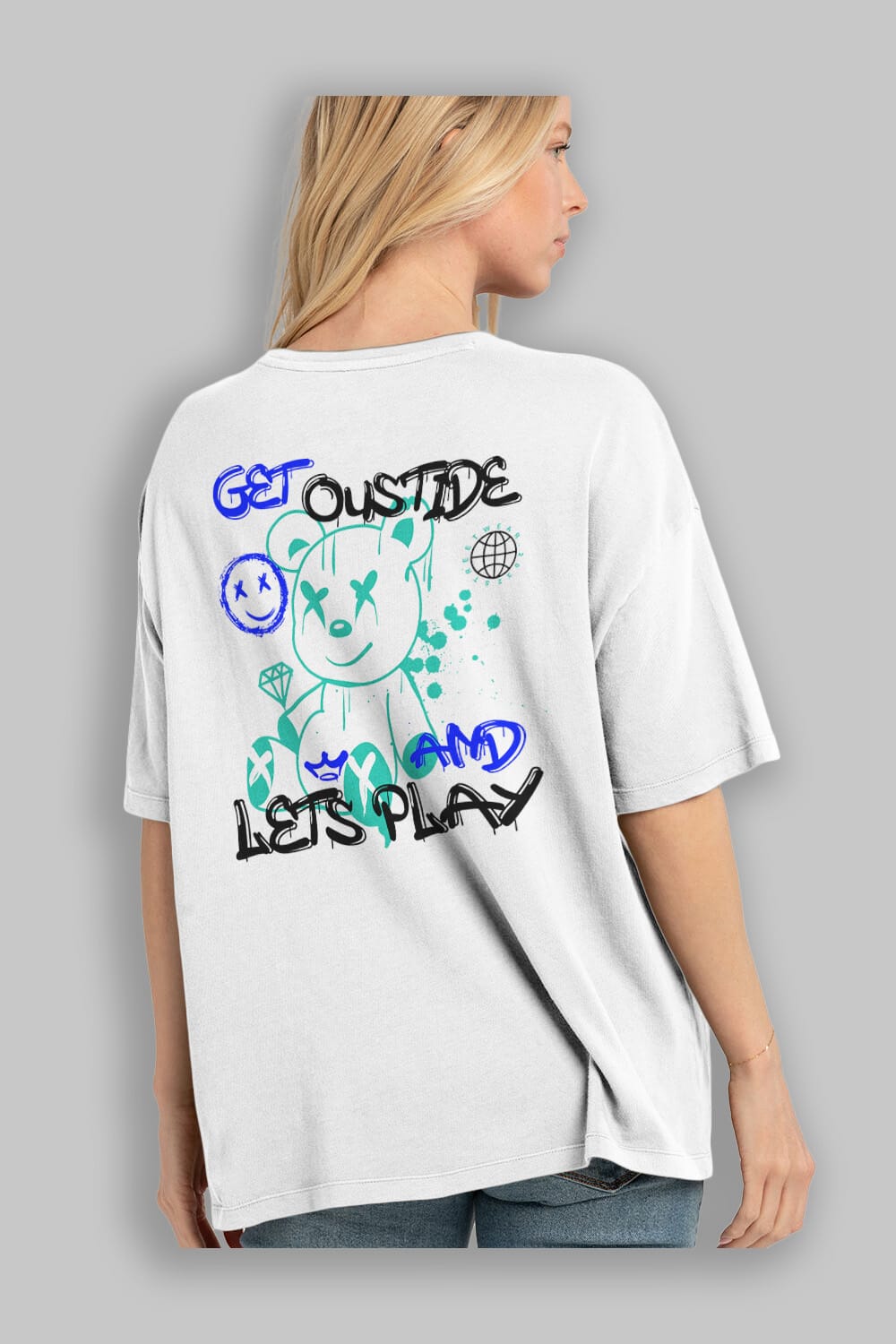 Get Outside Bear Arka Baskılı Oversize t-shirt Erkek Kadın Unisex