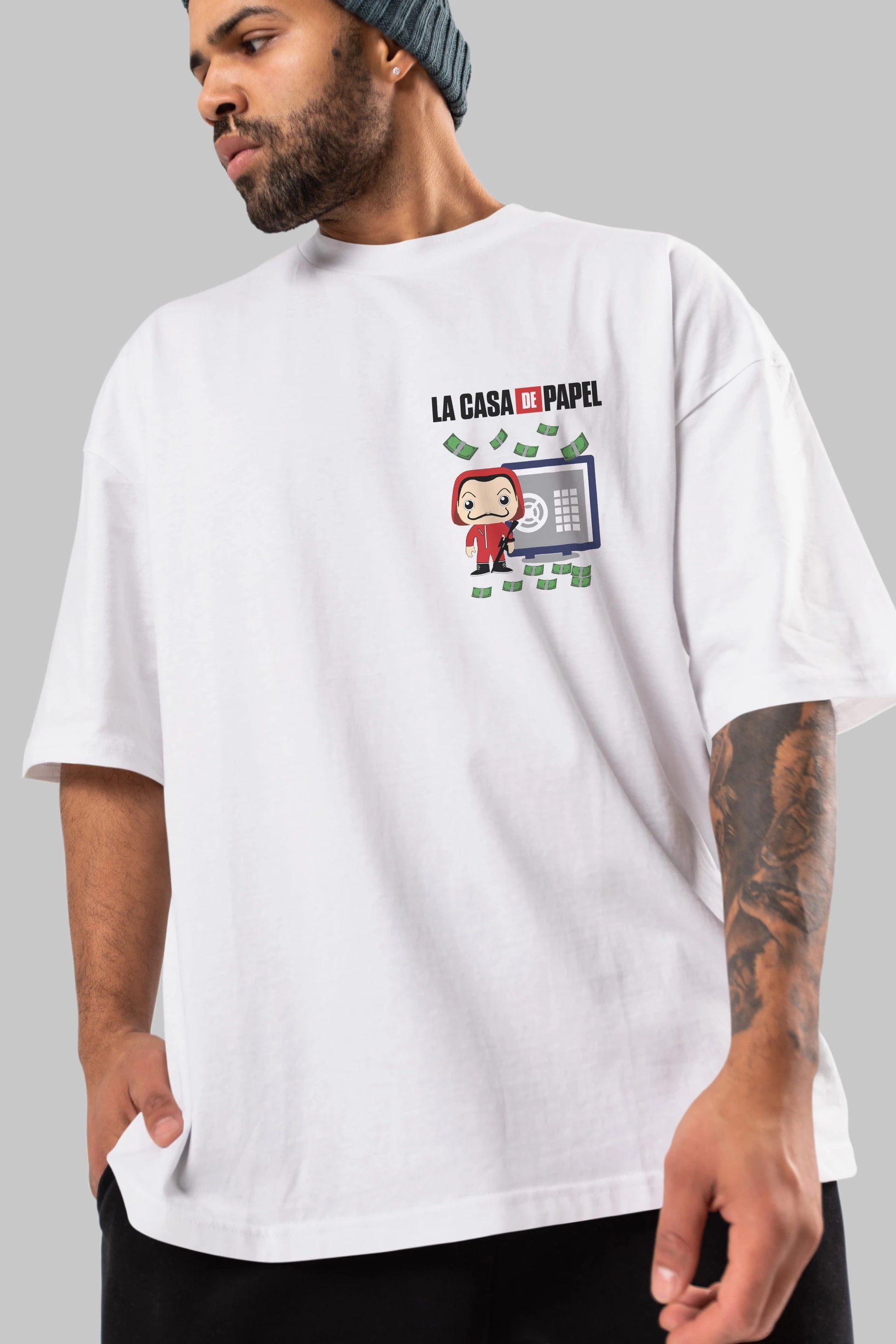 La Casa De Papel (4) Ön Sol Baskılı Oversize t-shirt Erkek Kadın Unisex %100 Pamuk Bisiklet Yaka tişort