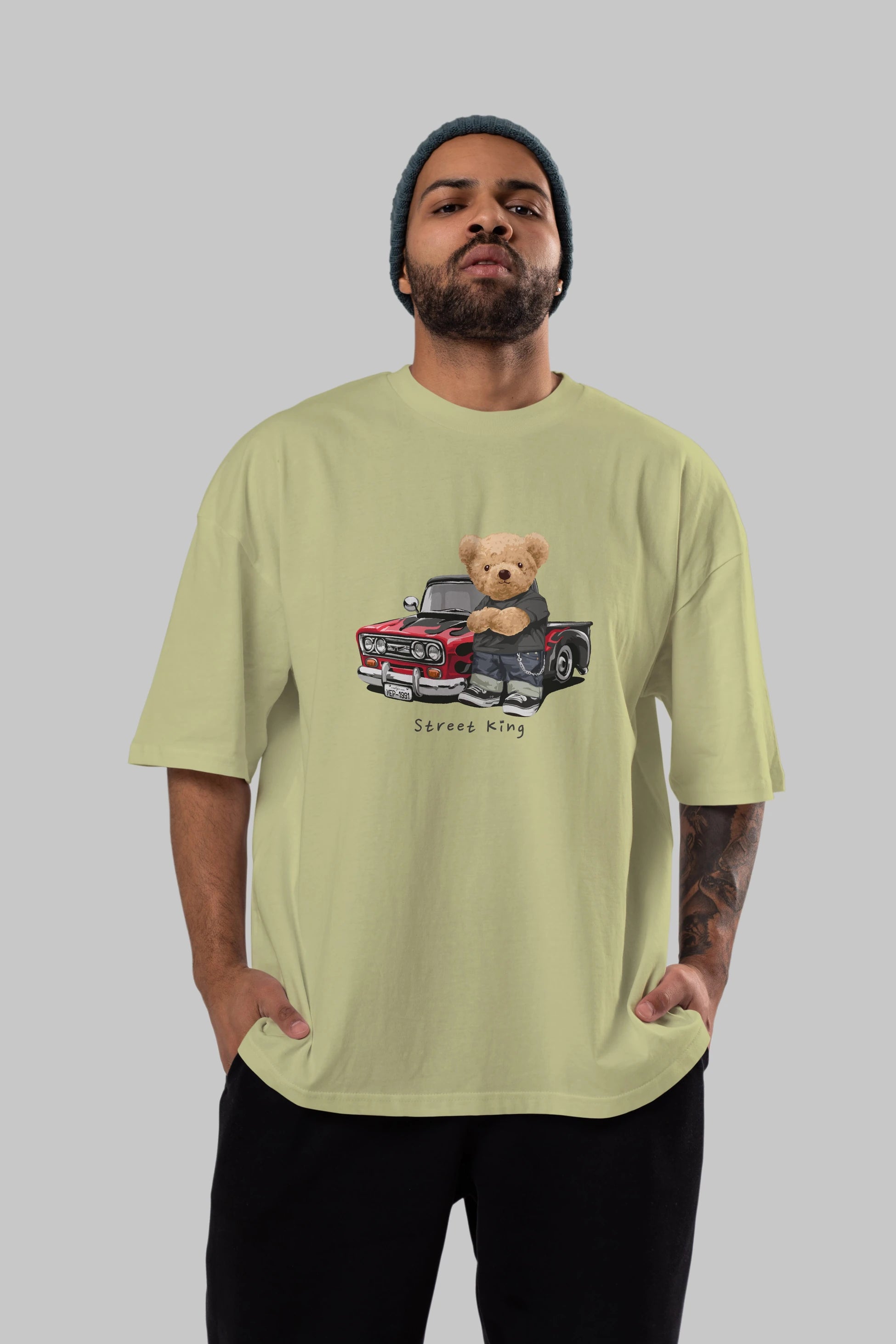 Teddy Bear Street King Ön Baskılı Oversize t-shirt Erkek Kadın Unisex %100 Pamuk
