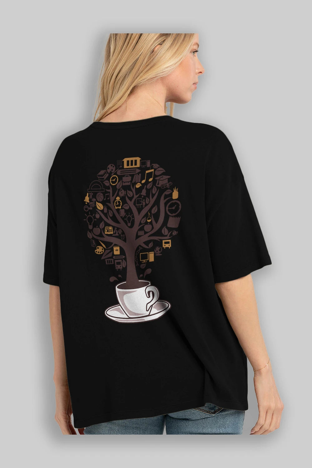 Coffee Tree Arka Baskılı Oversize t-shirt %100 pamuk Erkek Kadın Unisex