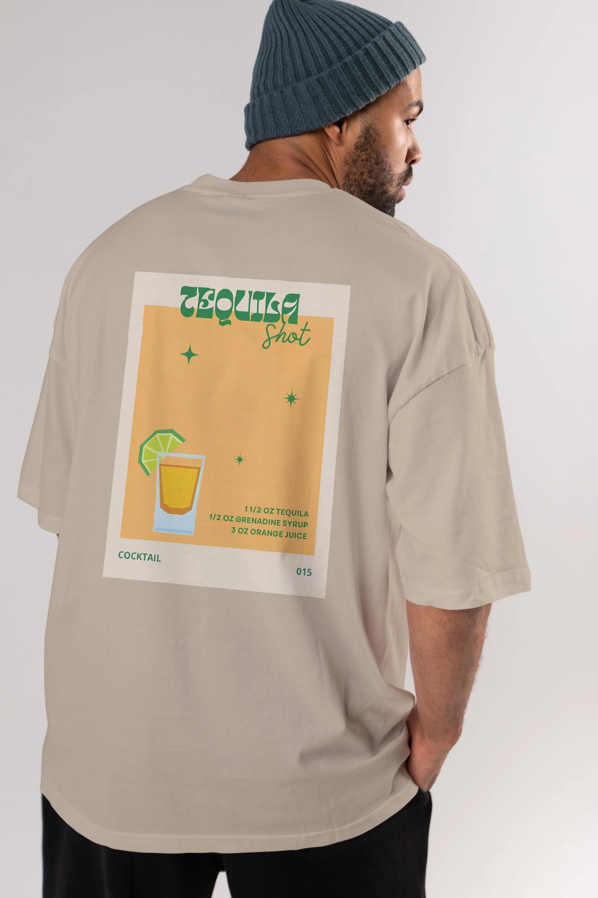 Tequila Shot 2 Arka Baskılı Oversize t-shirt Erkek Kadın Unisex %100 Pamuk Bisiklet Yaka tişort