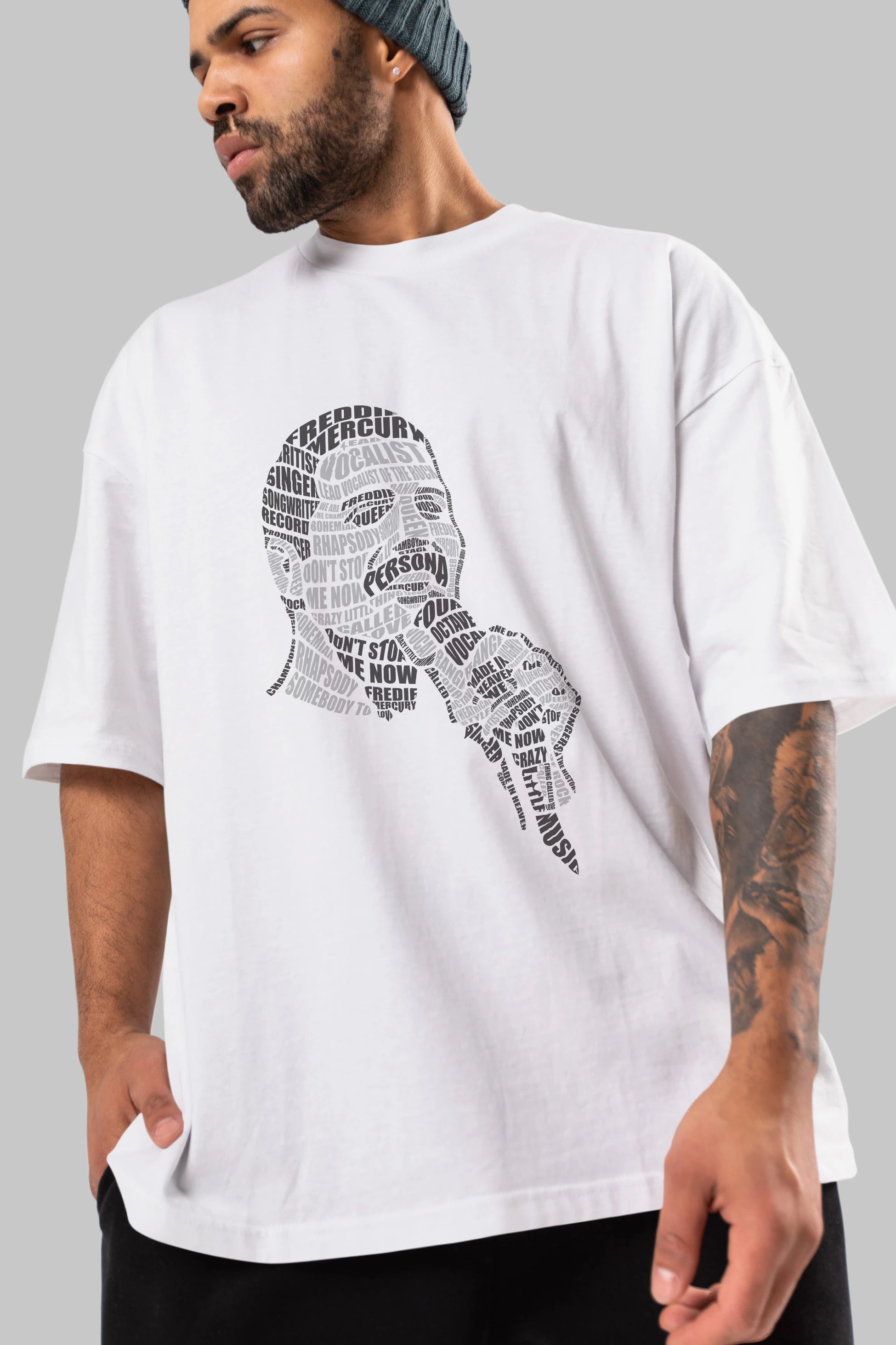 Freddy Mercuri Calligram Ön Baskılı Oversize t-shirt %100 pamuk Erkek Kadın Unisex
