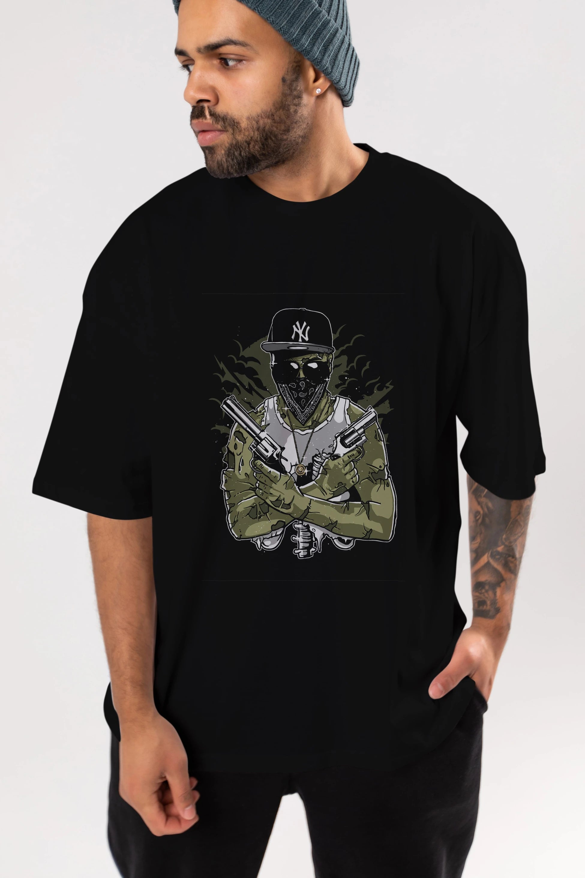Gangsta Zombie Ön Baskılı Oversize t-shirt Erkek Kadın Unisex %100 Pamuk tişort
