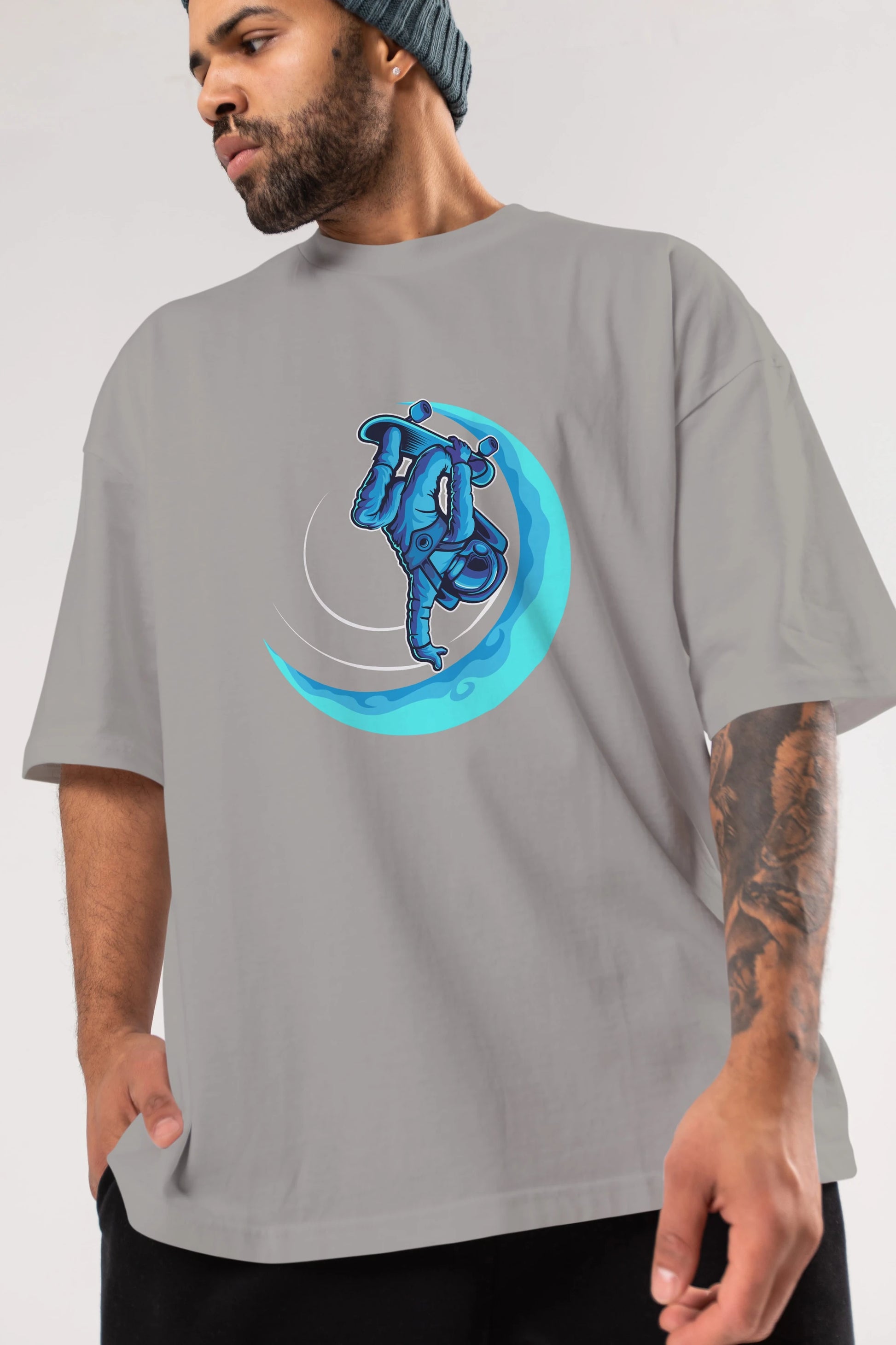 Skating on the moon Ön Baskılı Oversize t-shirt Erkek Kadın Unisex