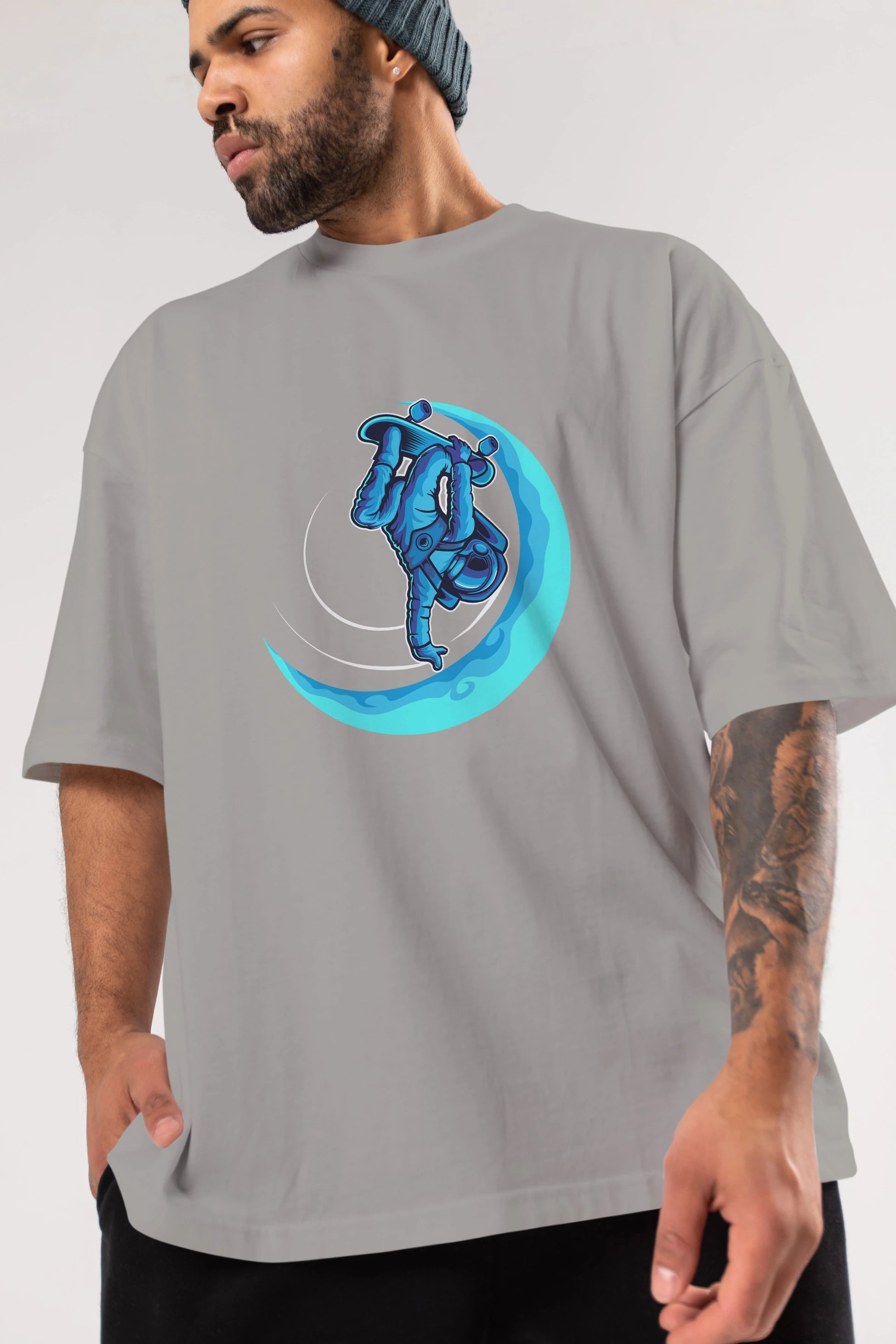 Skating on the moon Ön Baskılı Oversize t-shirt Erkek Kadın Unisex