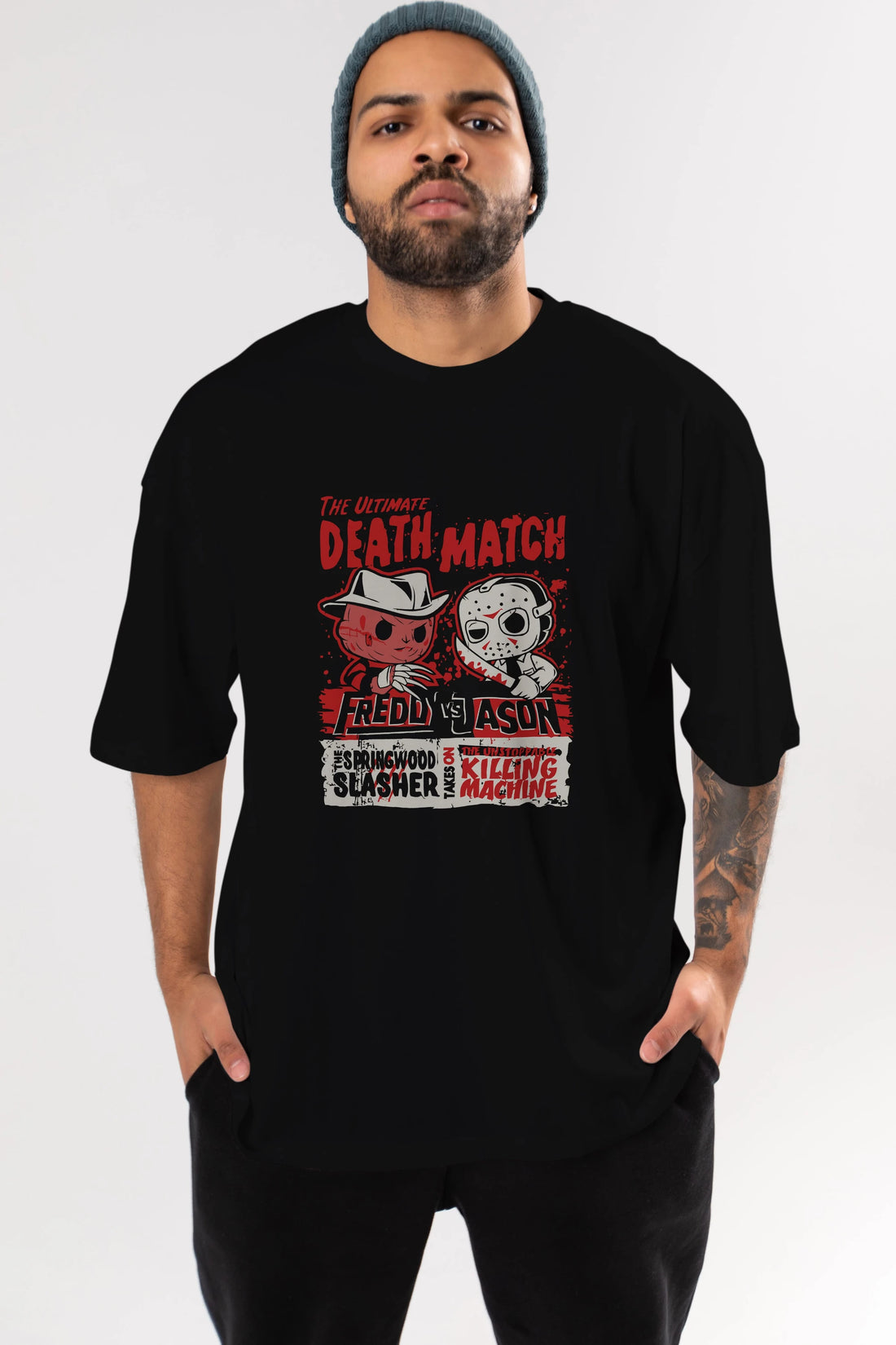 Freddy vs Jason Ön Baskılı Oversize t-shirt Erkek Kadın Unisex %100 Pamuk Bisiklet Yaka tişort