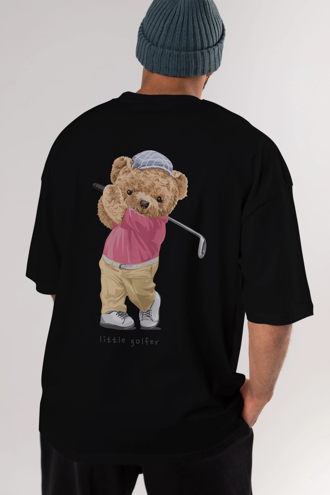 Teddy Bear Little Golfer Arka Baskılı Oversize t-shirt Erkek Kadın Unisex %100 Pamuk