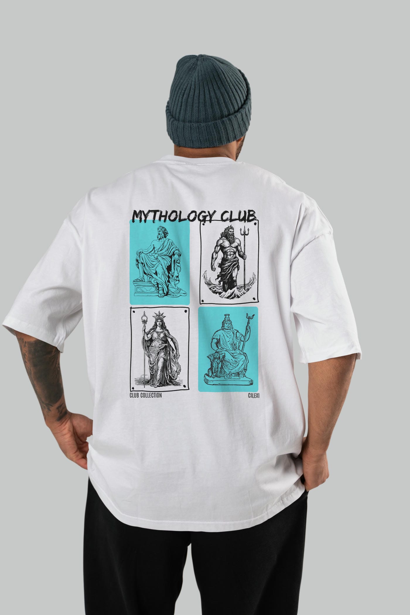 Mythology Club Arka Baskılı Oversize t-shirt Erkek Kadın %100 Pamuk Bisiklet Yaka tişort