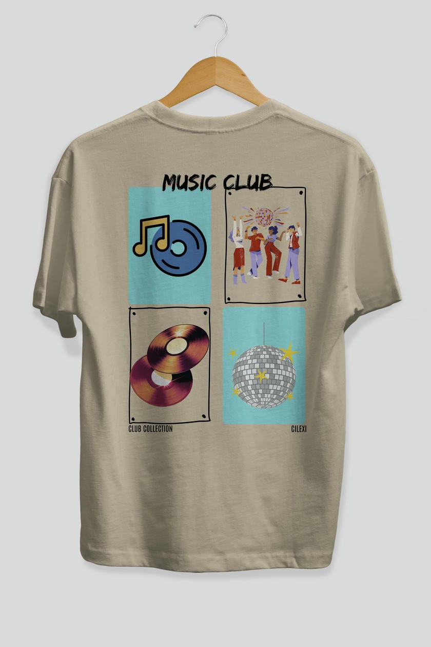 Music Club Arka Baskılı Oversize t-shirt Erkek Kadın %100 Pamuk Bisiklet Yaka tişort