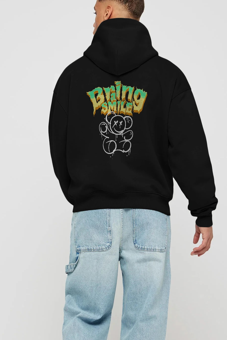 Teddy Bear Braing Smile Arka Baskılı Hoodie Oversize Kapüşonlu Sweatshirt Erkek Kadın Unisex