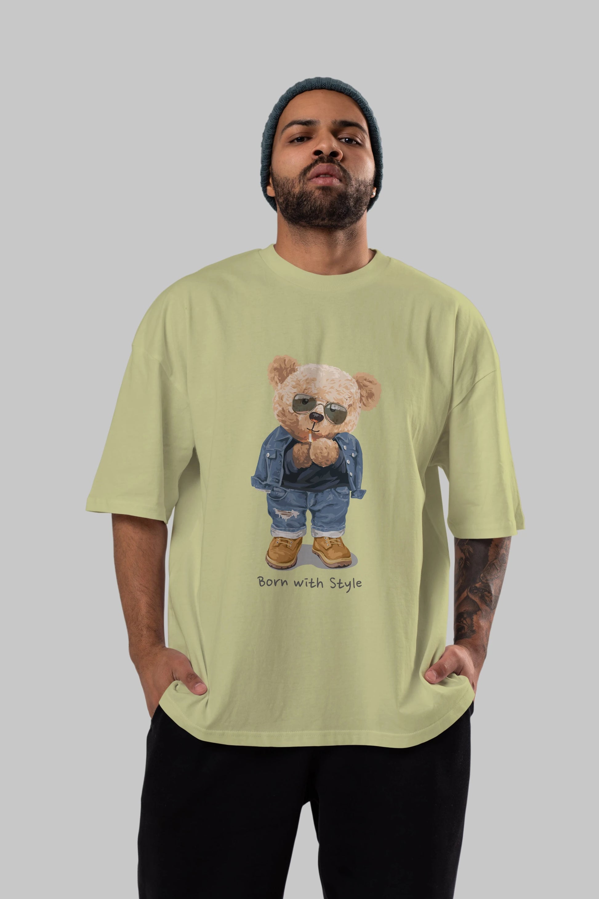 Teddy Bear Born With Style Ön Baskılı Oversize t-shirt Erkek Kadın Unisex %100 Pamuk