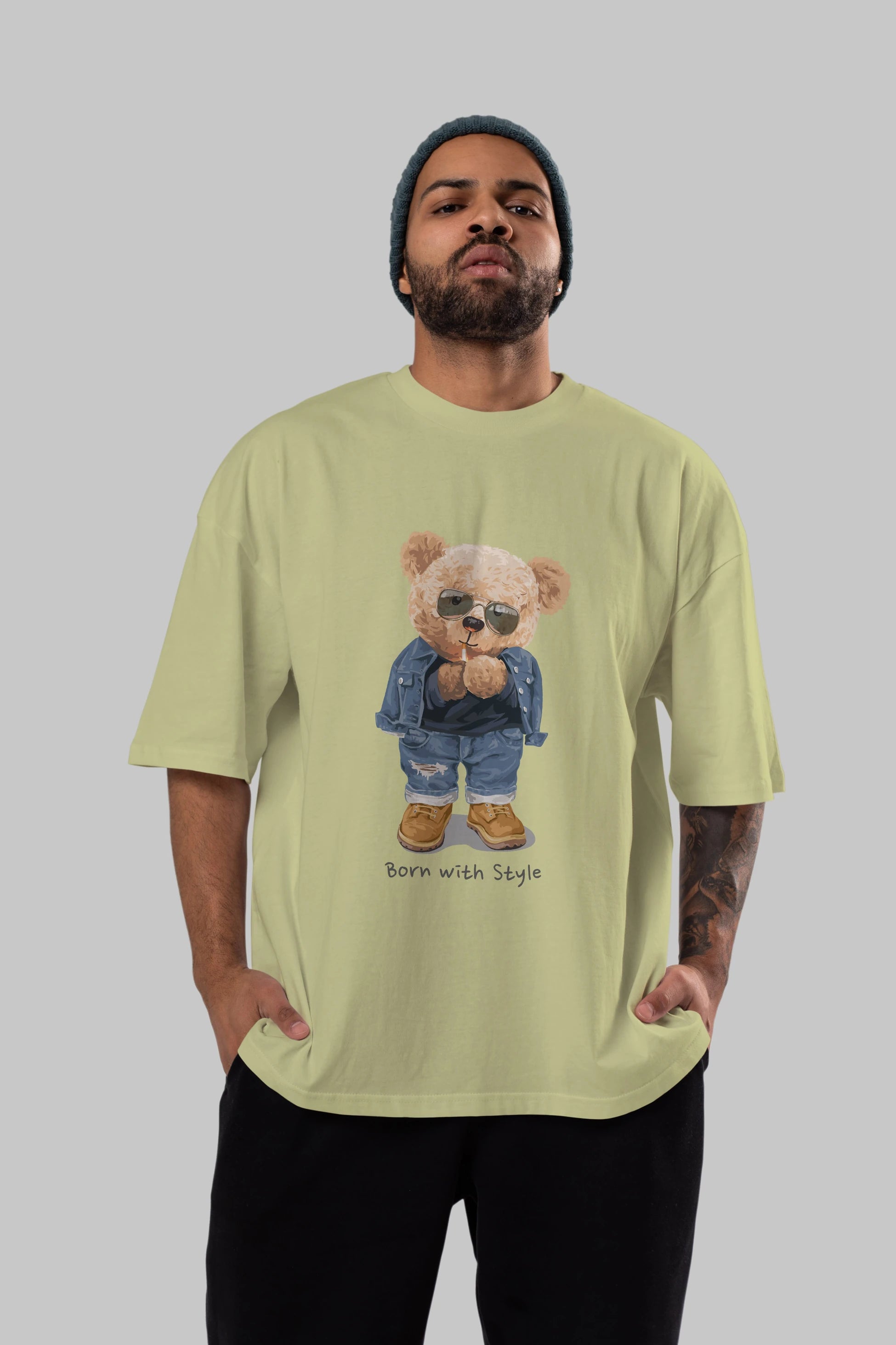 Teddy Bear Born With Style Ön Baskılı Oversize t-shirt Erkek Kadın Unisex %100 Pamuk