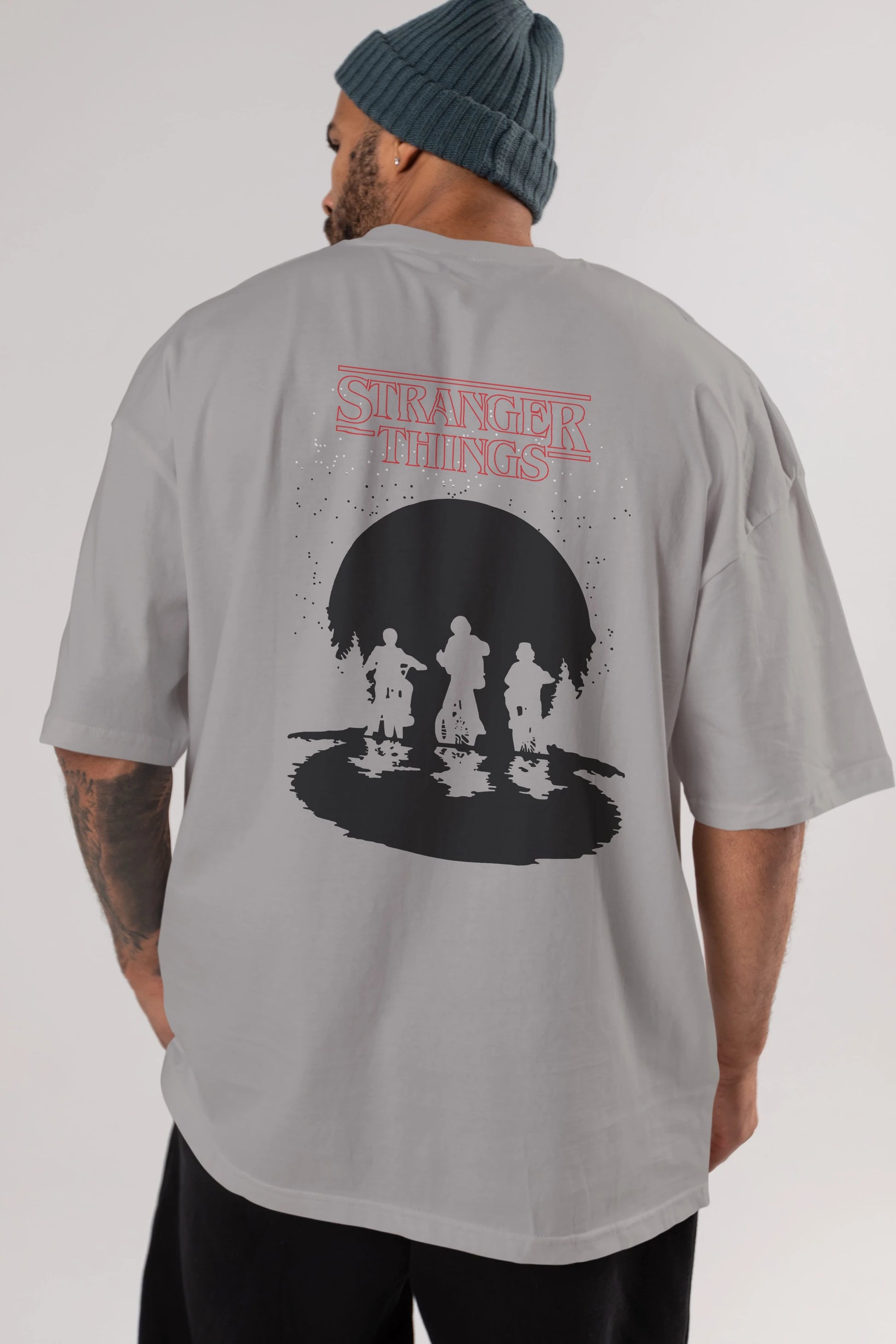 Stranger Things Arka Baskılı Oversize t-shirt Erkek Kadın Unisex %100 Pamuk Bisiklet Yaka tişort