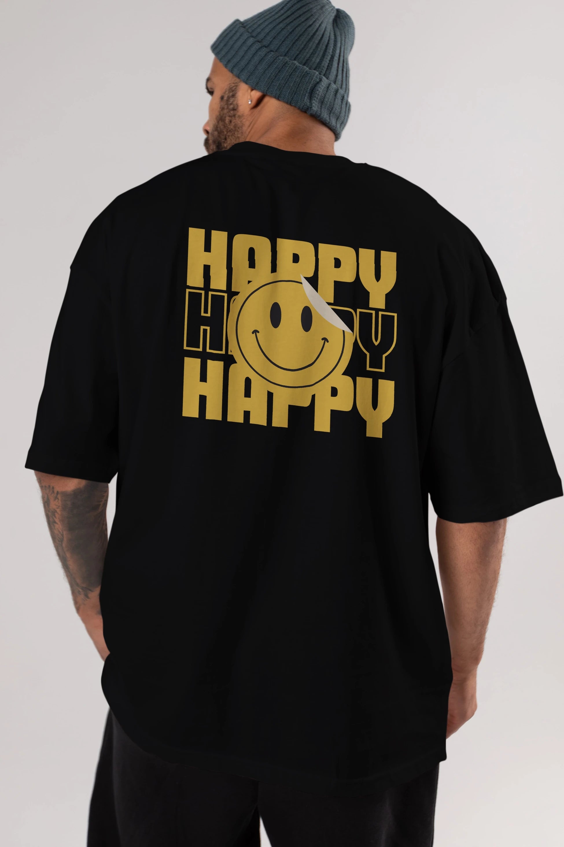Happy Smile Yazılı Arka Baskılı Oversize t-shirt Erkek Kadın Unisex