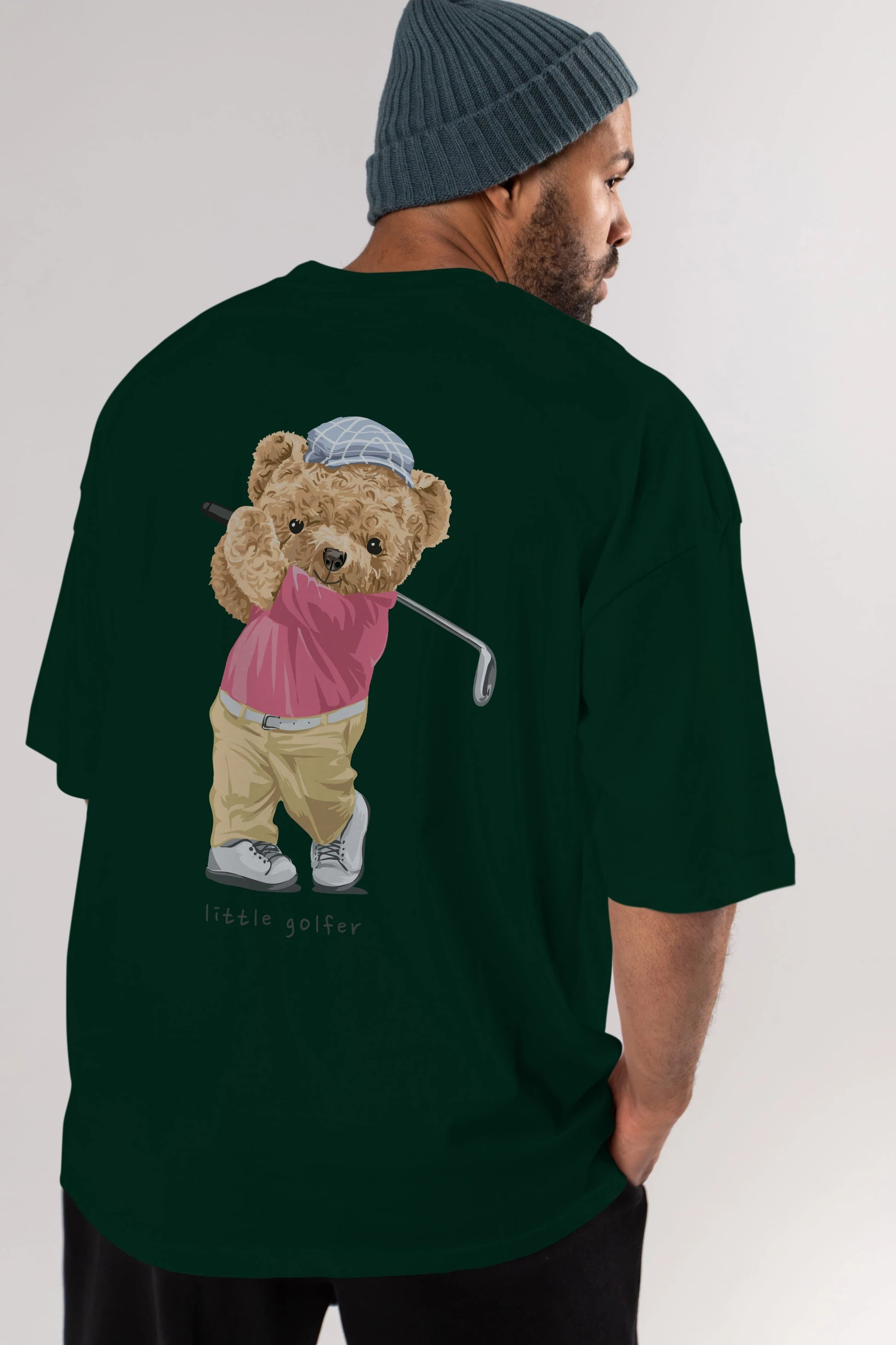 Teddy Bear Little Golfer Arka Baskılı Oversize t-shirt Erkek Kadın Unisex %100 Pamuk