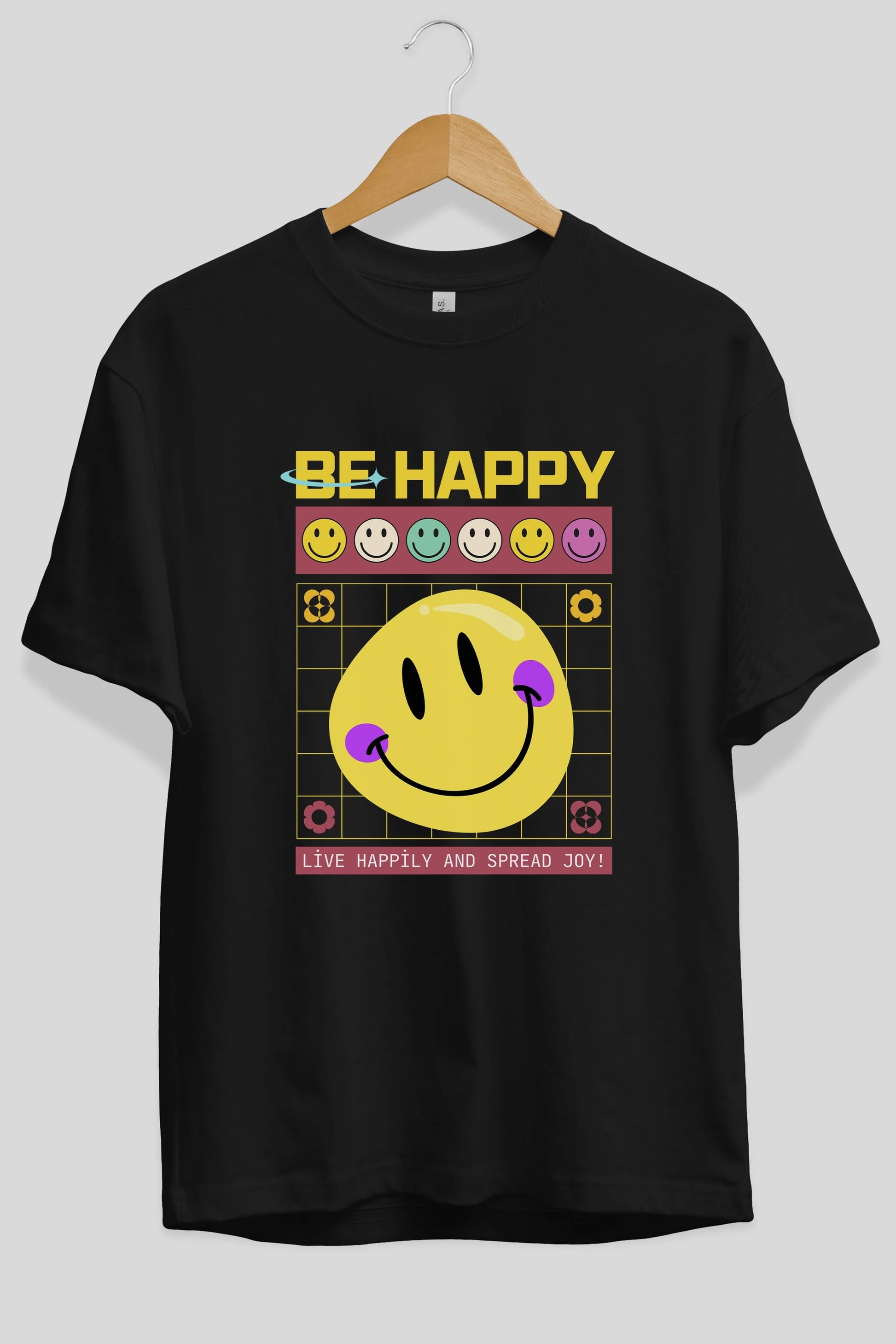 Be Happy Yazılı Ön Baskılı Oversize t-shirt Erkek Kadın Unisex
