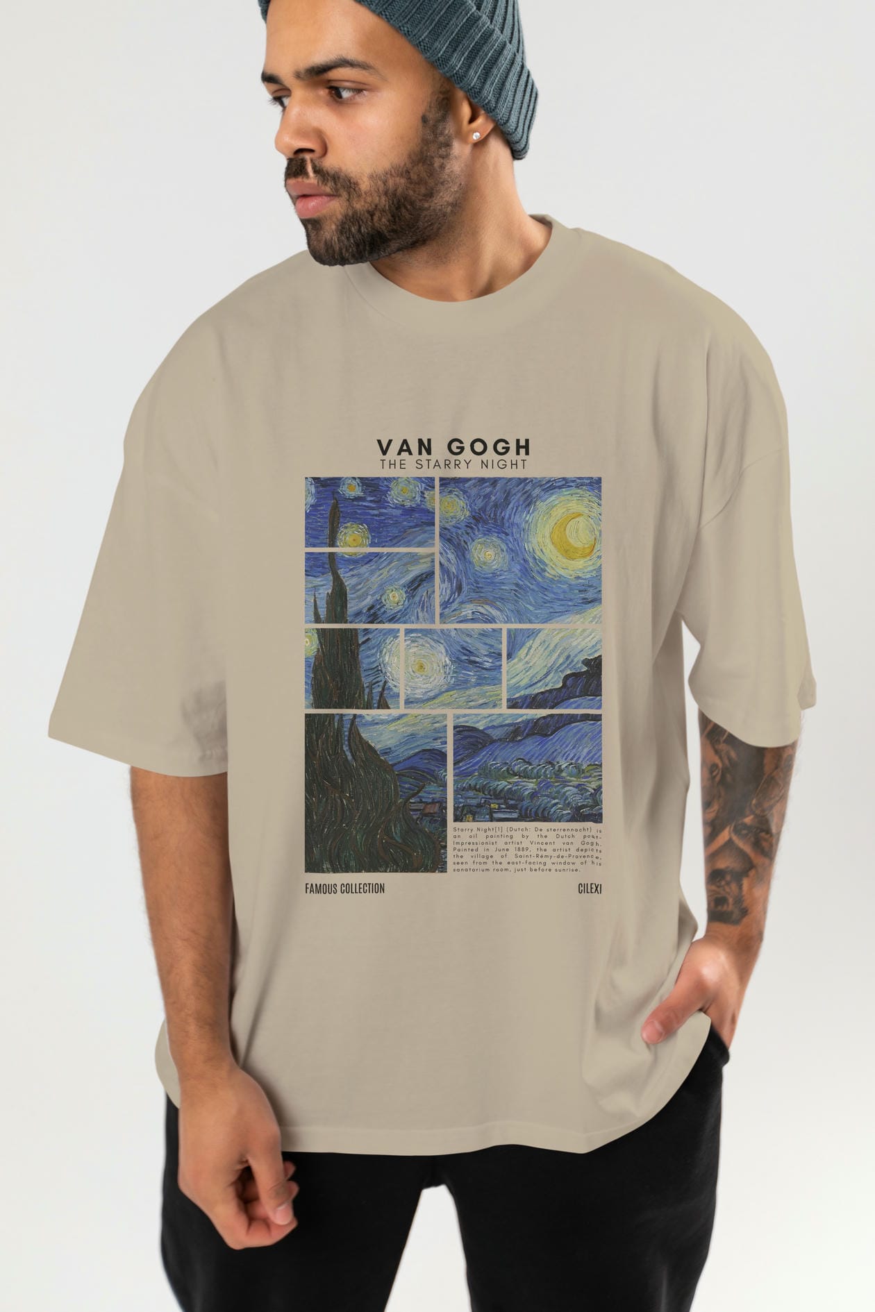 Van Gogh The Starry Night ön Baskılı Oversize t-shirt Erkek Kadın Bisiklet Yaka Pamuk tişort