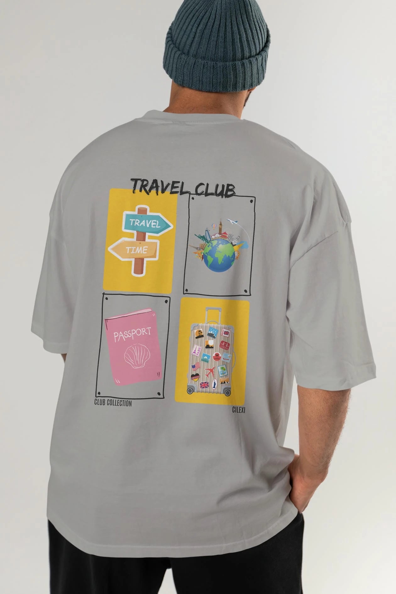 Travel Club Arka Baskılı Oversize t-shirt Erkek Kadın %100 Pamuk Bisiklet Yaka tişort