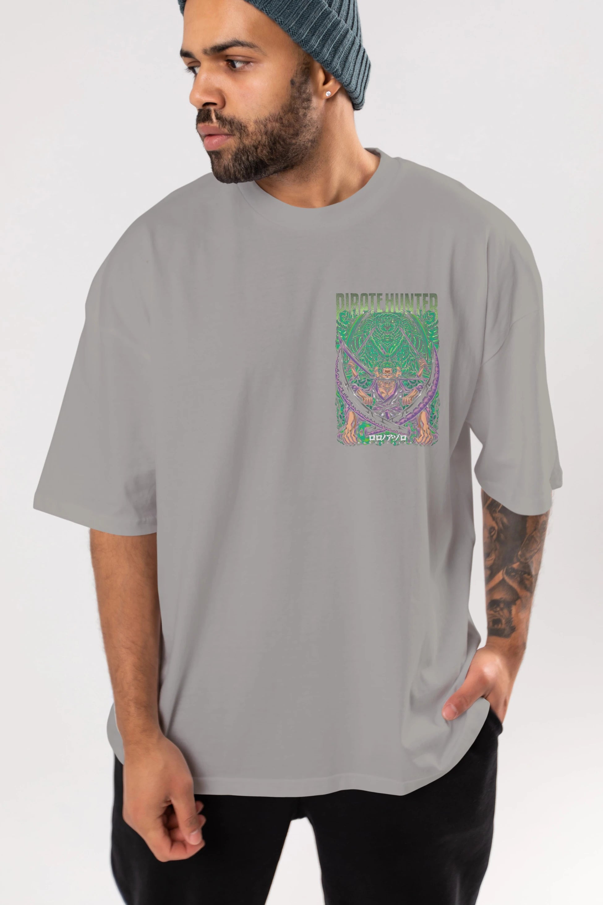 RORONOA ZORO 3 Ön Sol Baskılı Oversize t-shirt Erkek Kadın Unisex %100 Pamuk Bisiklet Yaka tişort