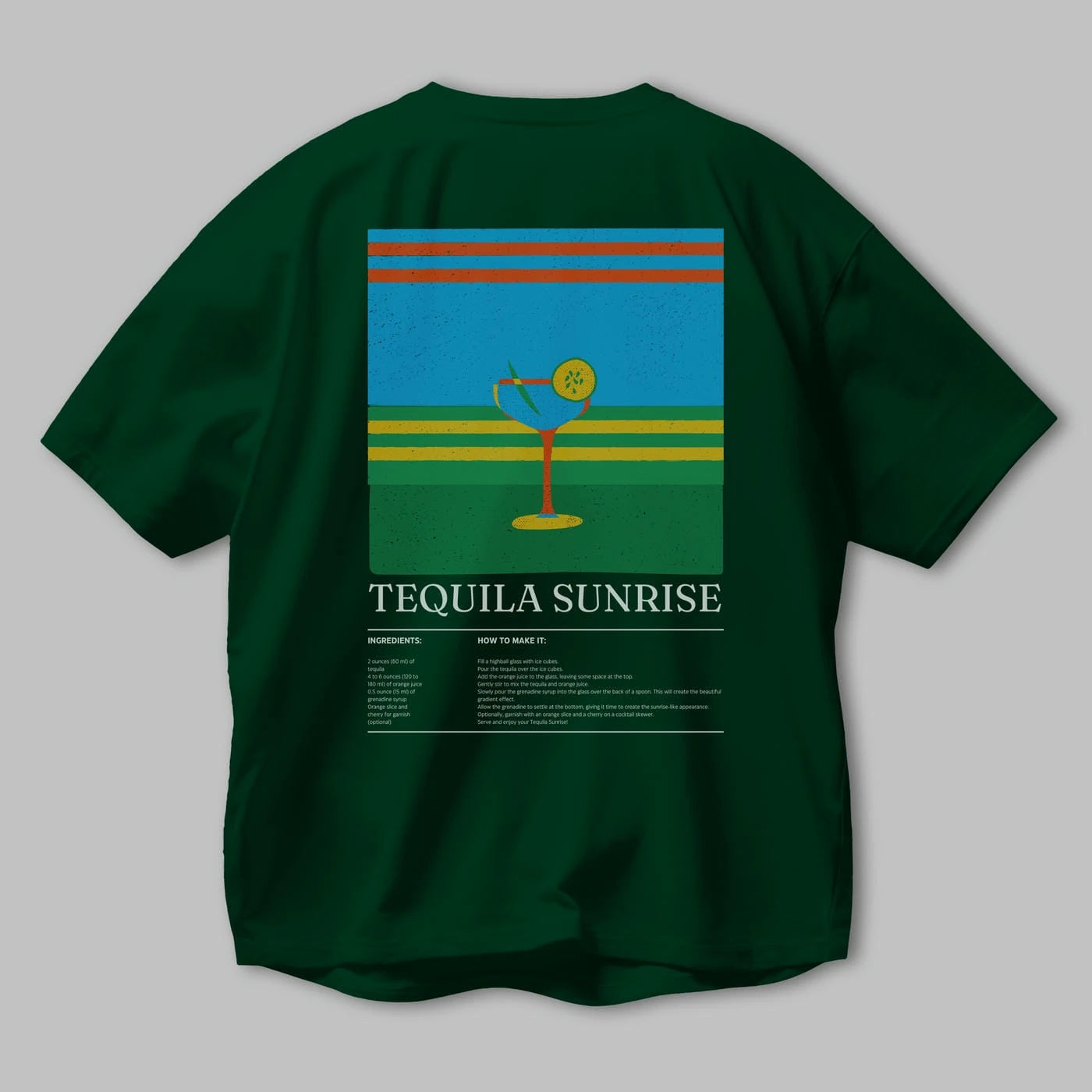 Tequila Sunrise Kokteyl Serisi Arka Baskılı Oversize t-shirt Erkek Kadın %100 Pamuk Bisiklet Yaka tişort
