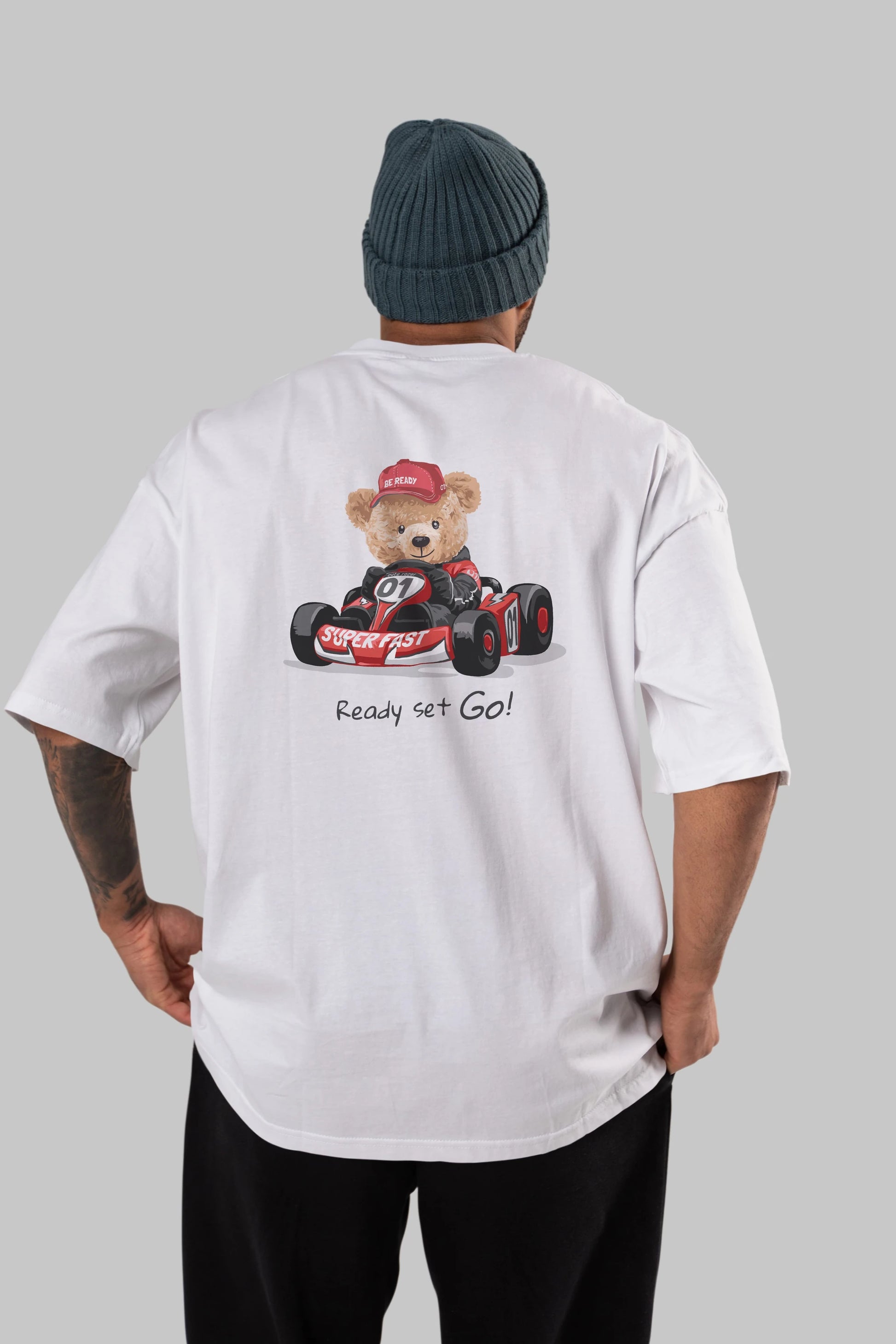 Teddy Bear Ready Set Go Arka Baskılı Oversize t-shirt Erkek Kadın Unisex %100 Pamuk