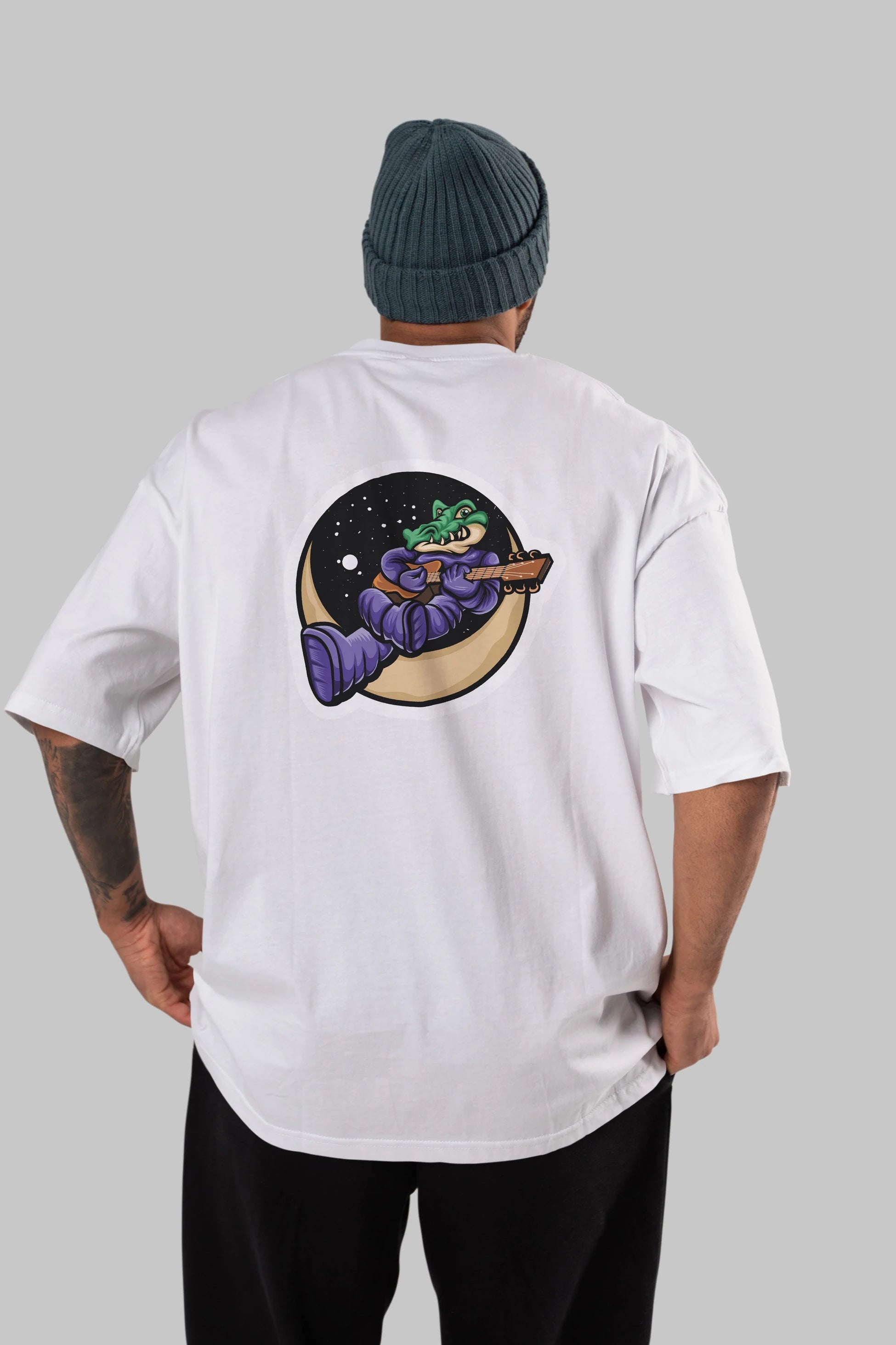 Space Crocodile Sticker Arka Baskılı Oversize t-shirt Erkek Kadın Unisex