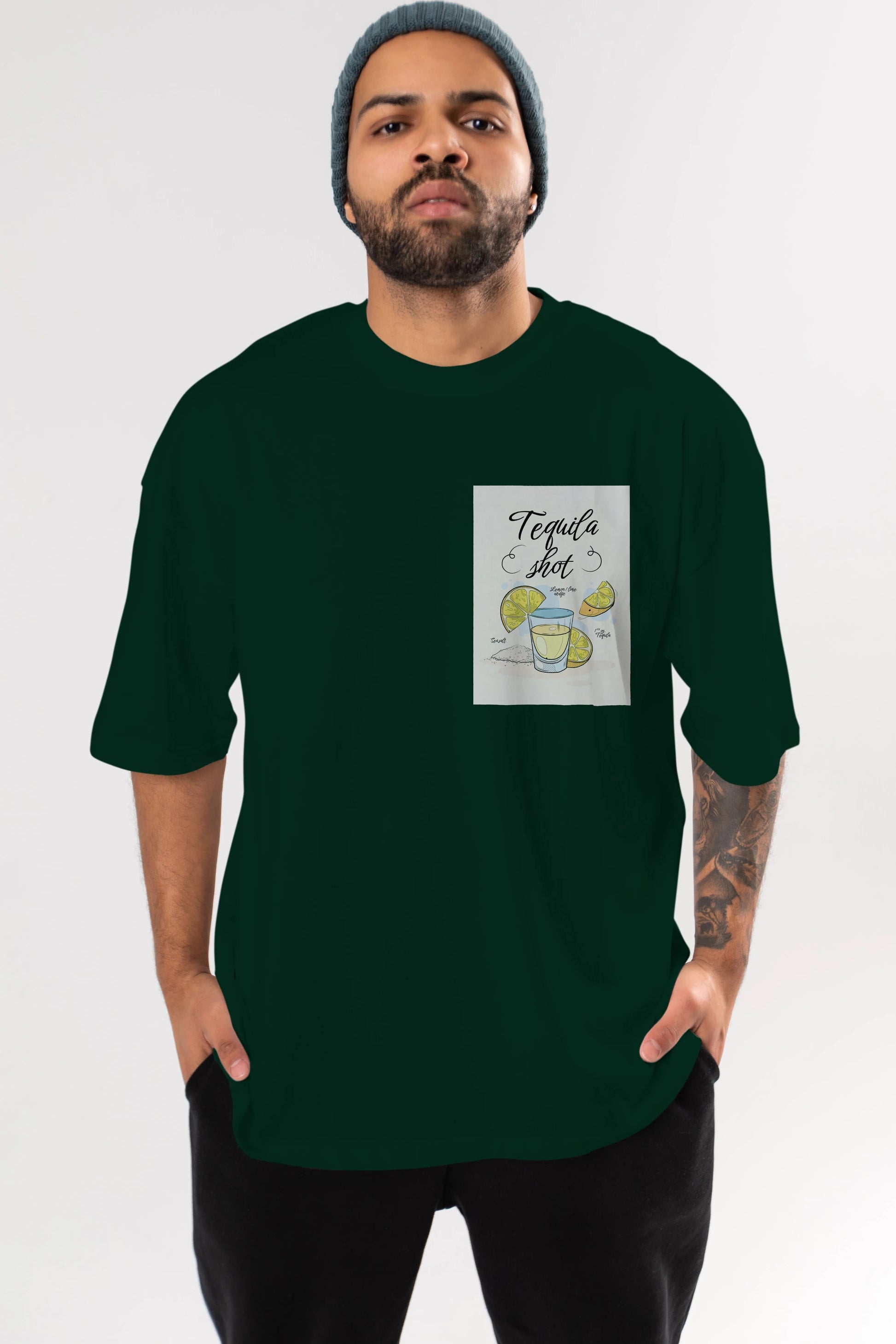 Tequila Shot Ön Sol Baskılı Oversize t-shirt Erkek Kadın Unisex %100 Pamuk Bisiklet Yaka tişort