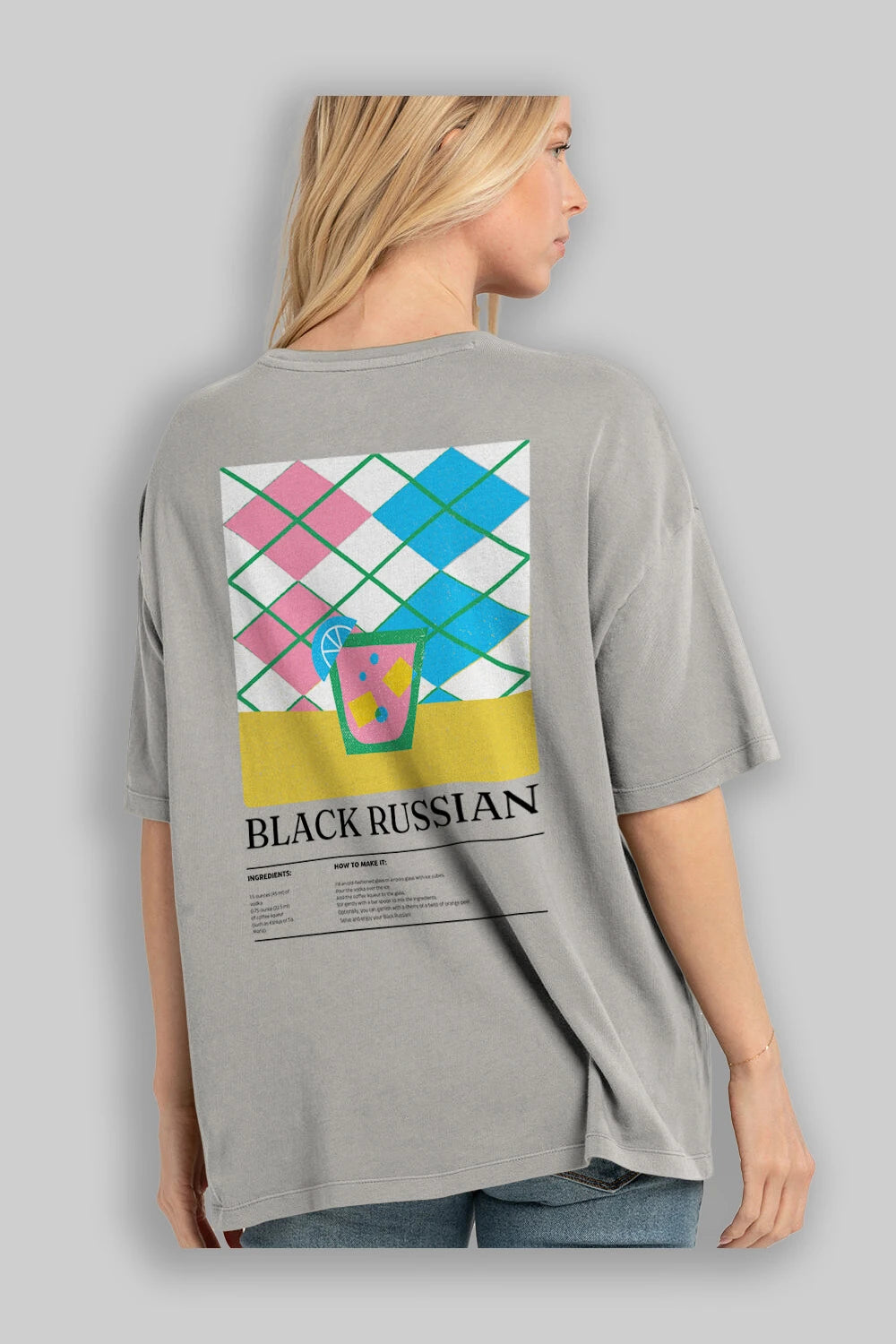 Black Russian Kokteyl Serisi Arka Baskılı Oversize t-shirt Erkek Kadın %100 Pamuk Bisiklet Yaka tişort