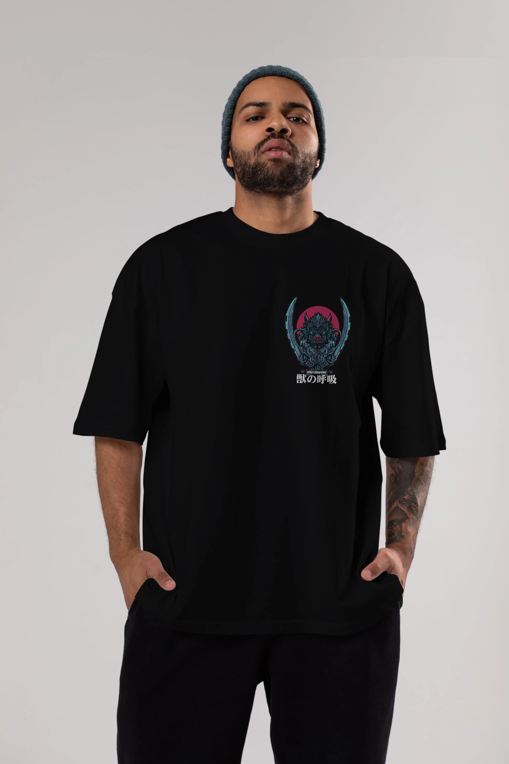 Inosuke DEMON SLAYER Ön Sol Baskılı Oversize t-shirt Erkek Kadın Unisex %100 Pamuk Bisiklet Yaka tişort